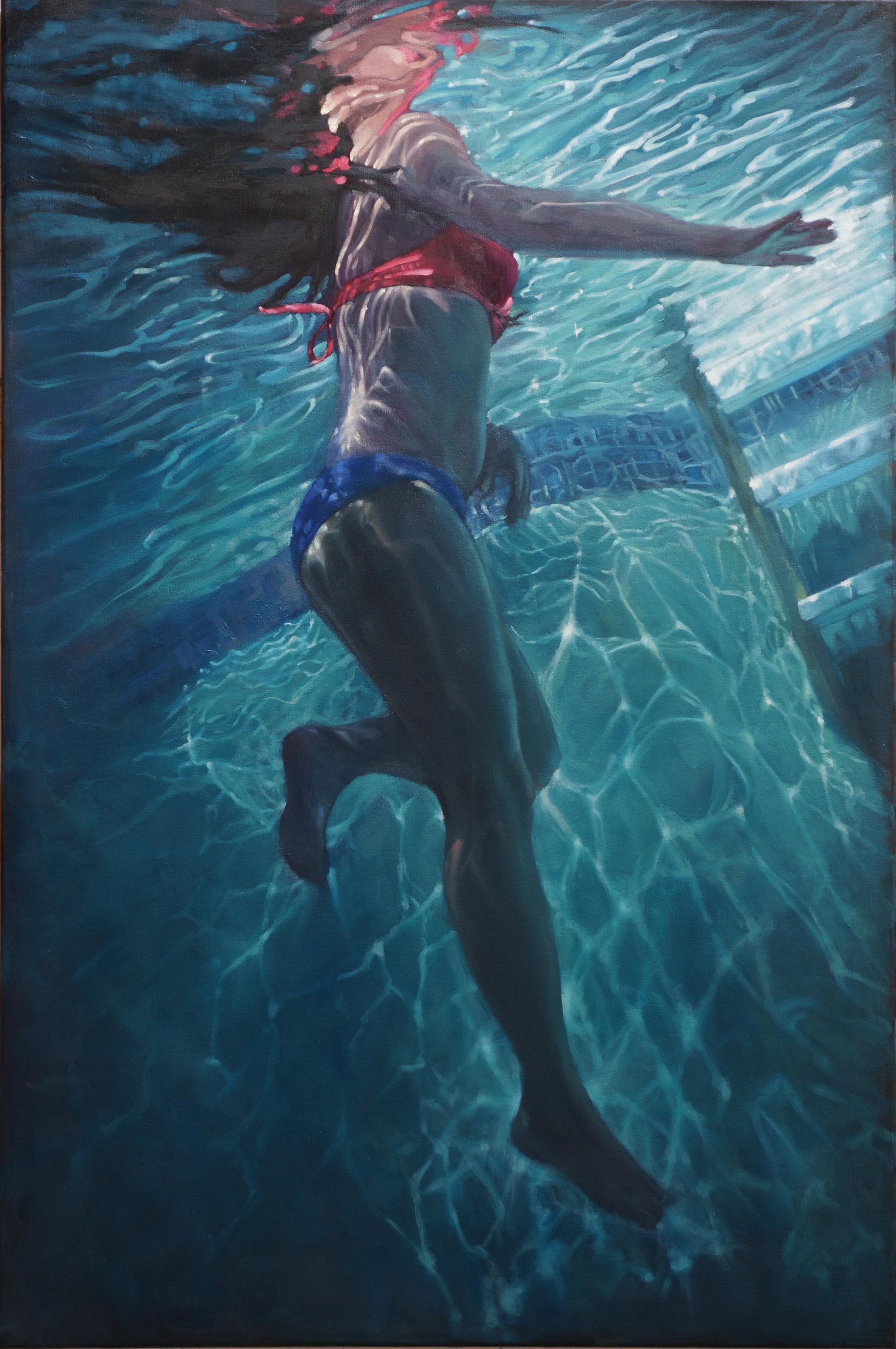 „Allure“, Ölgemälde eines Mädchens mit langen Haaren, das in einem Pool unter Wasser schwimmt 