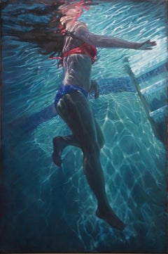 "Allure" Oil painting of a girl with long hair swimming in a pool underwater 