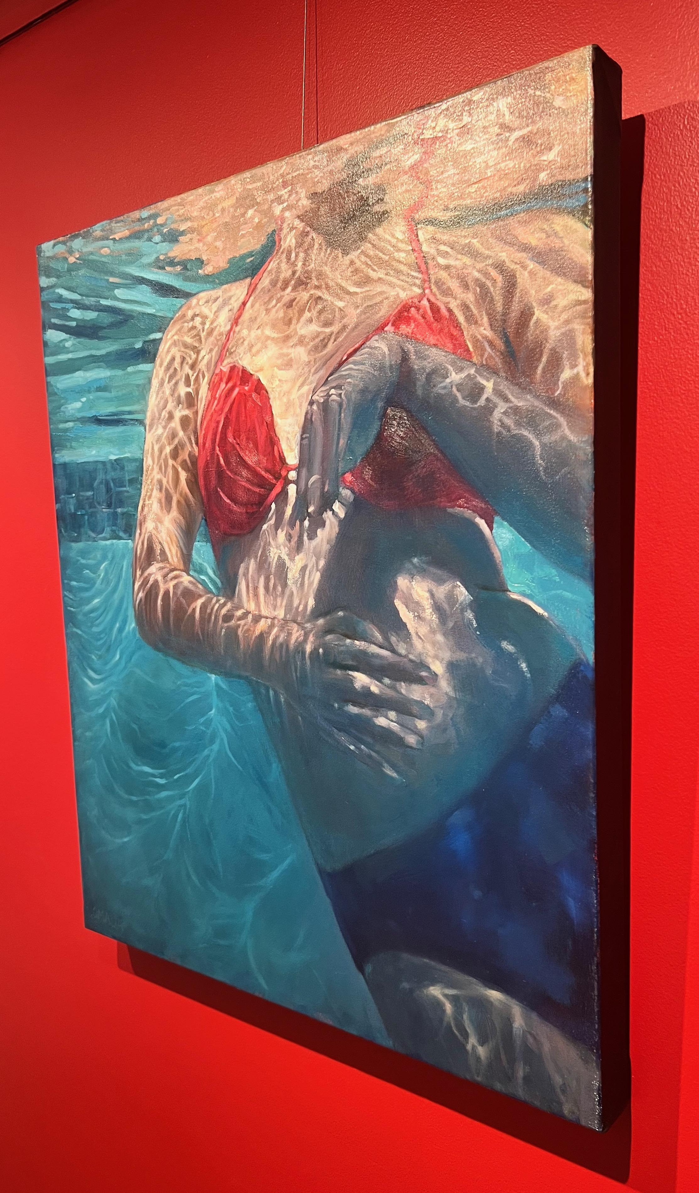 „Coming Up For Air“ Ölgemälde einer Figur unter Wasser in rotem Bikini – Painting von Carol O'Malia