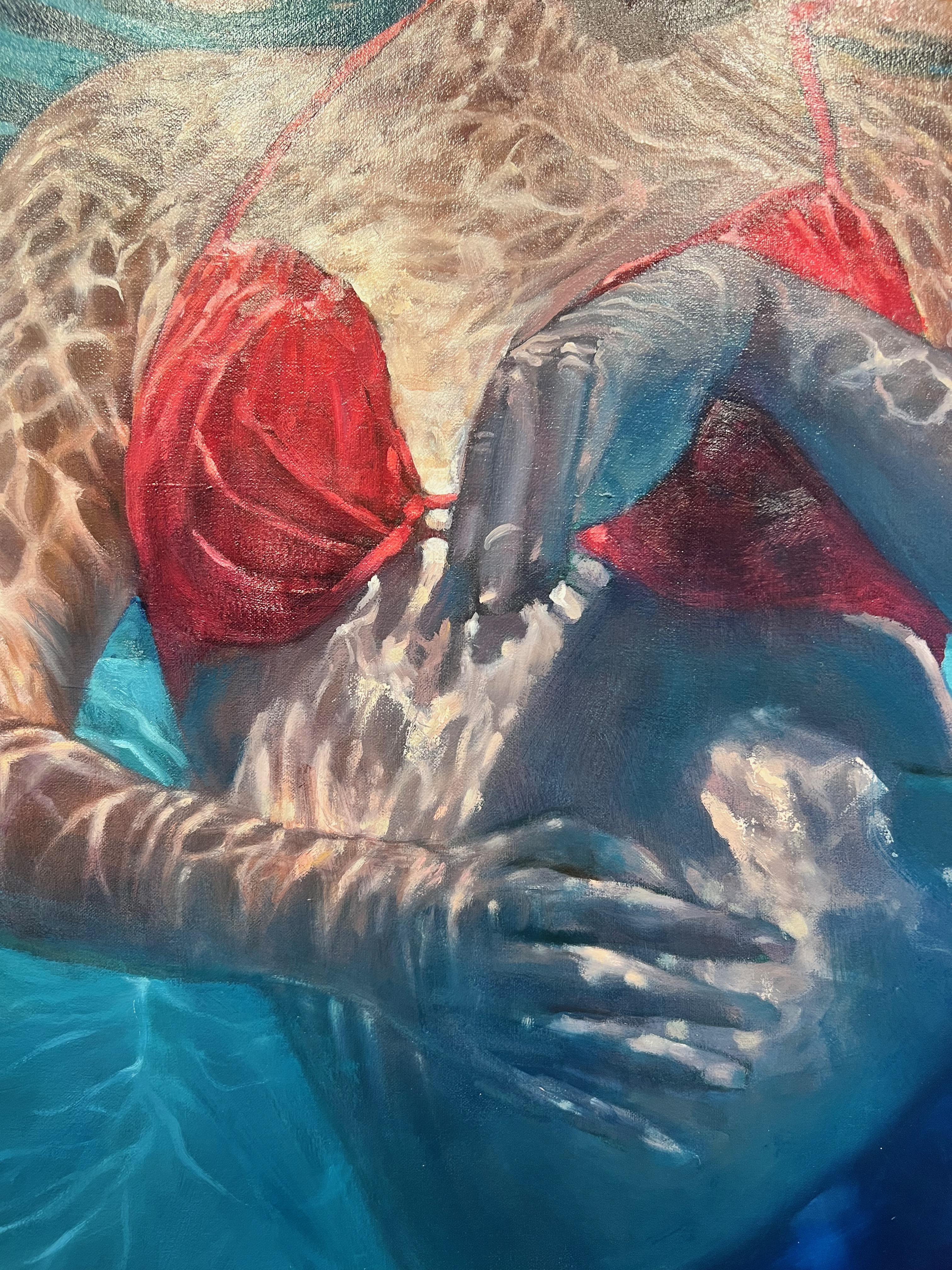 „Coming Up For Air“ Ölgemälde einer Figur unter Wasser in rotem Bikini (Blau), Figurative Painting, von Carol O'Malia