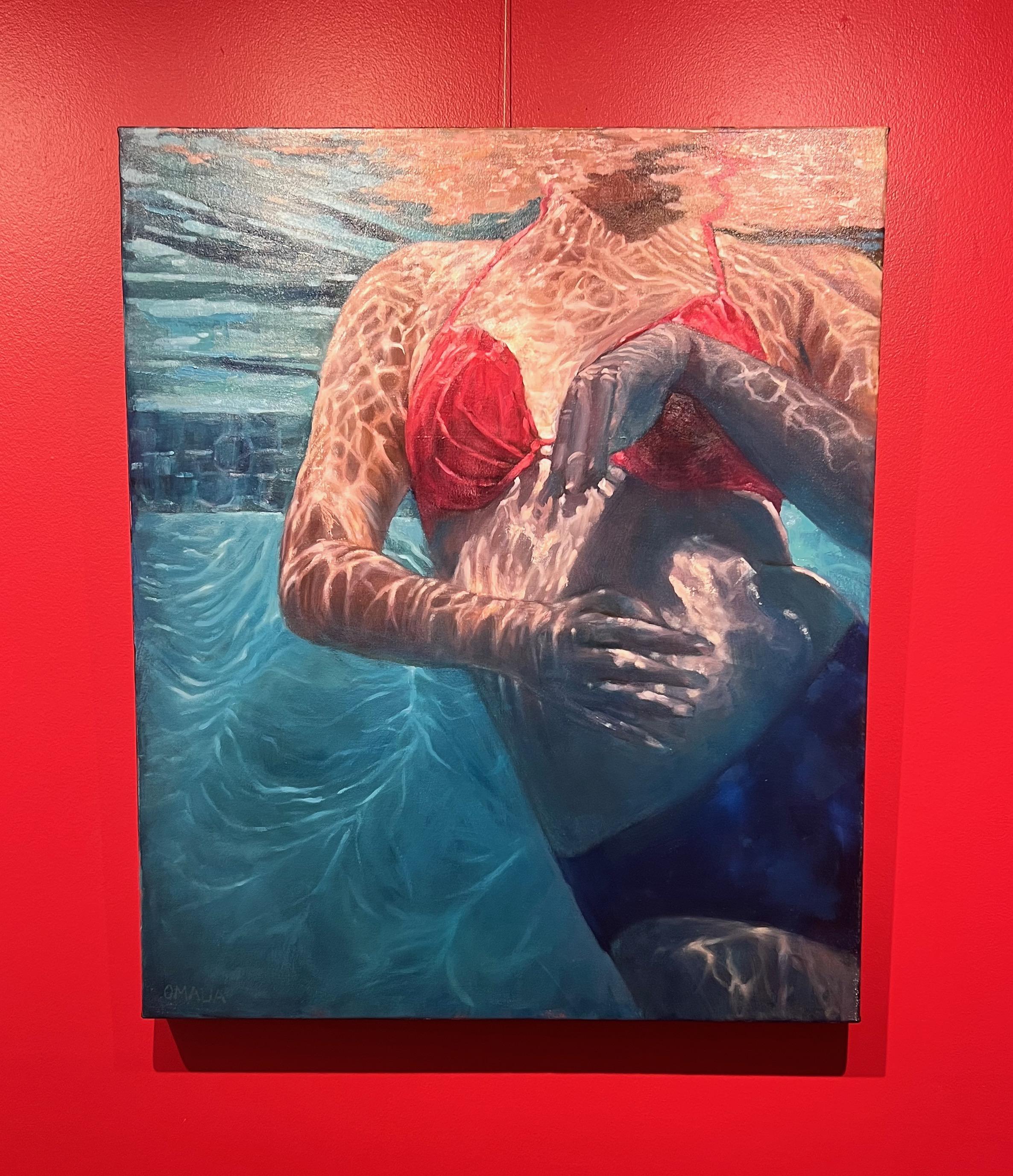 „Coming Up For Air“ Ölgemälde einer Figur unter Wasser in rotem Bikini im Angebot 2