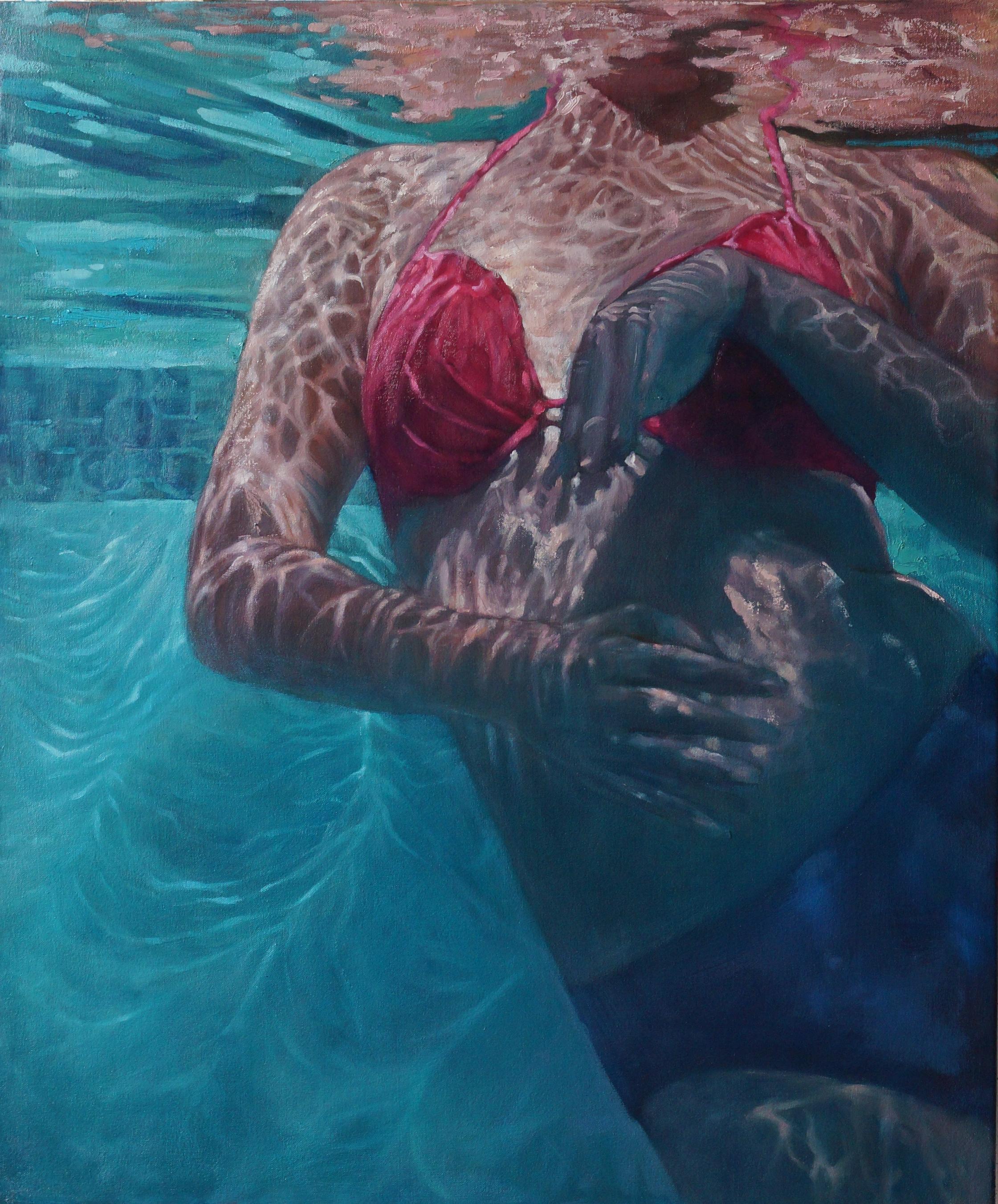 Carol O'Malia Figurative Painting - "Coming Up For Air" oil painting of a figure underwater in red bikini
