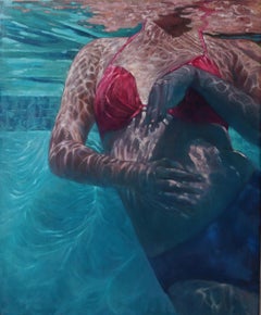 "Coming Up For Air" oil painting of a figure underwater in red bikini