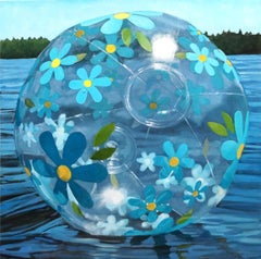 "Flower Power" oil painting of a clear beachball with blue flowers floating
