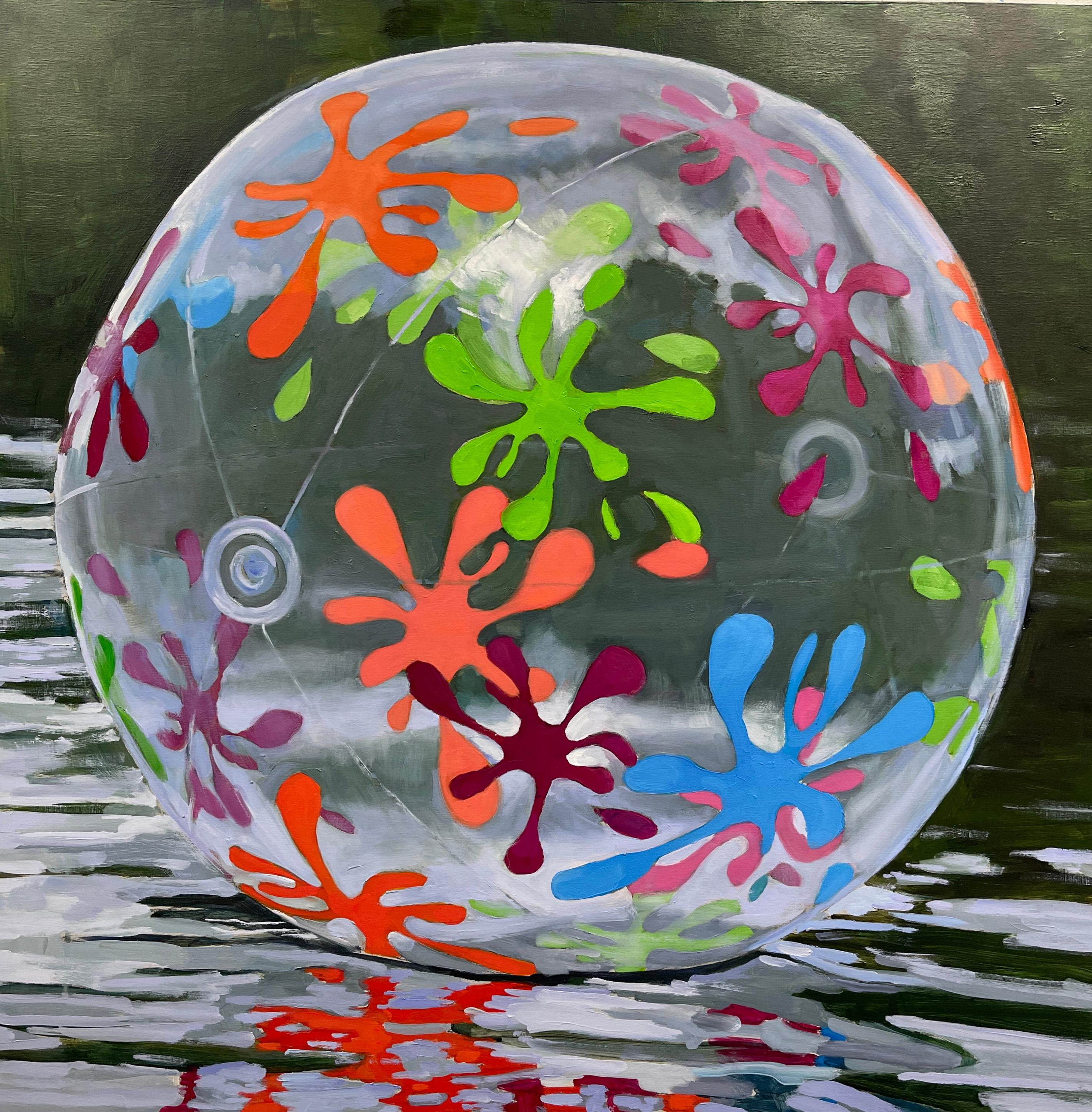 Carol O'Malia Still-Life Painting - "Green Echo" oil painting of clear beach ball with orange, green, pink splatter