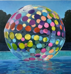 "I Just Stopped By" photorealistic oil painting of colorful polkadot beach ball