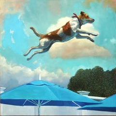 "If You Believe" oil painting of dog jumping over a fence and blue umbrella 