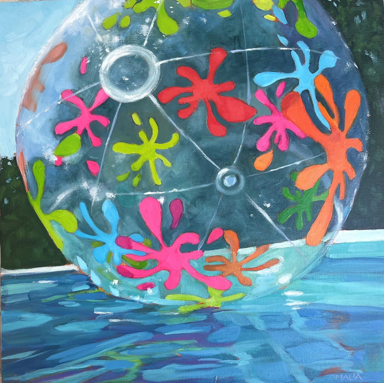 Carol O'Malia Still-Life Painting - "On a Day Like This" oil painting of clear beach ball with colorful splatter 