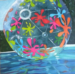 "On a Day Like This" peinture à l'huile d'un ballon de plage transparent avec des éclaboussures colorées. 