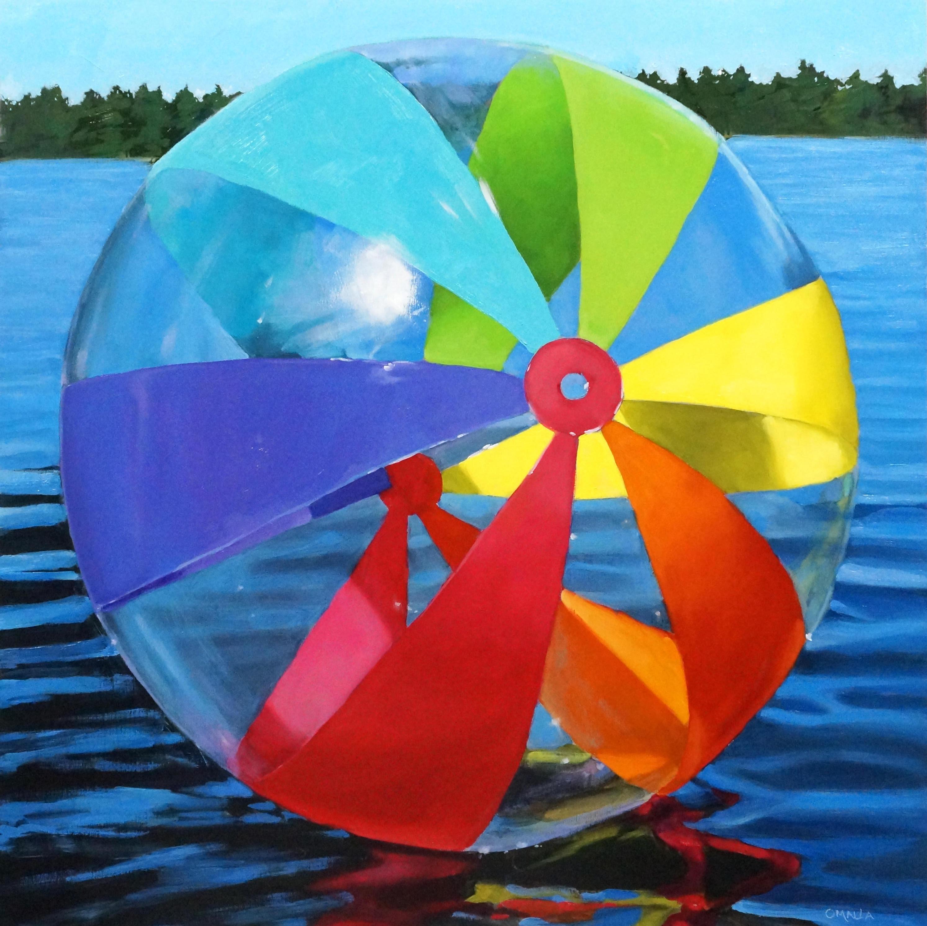 "Rainbow Stripes" oil painting of a clear beachball, colorful stripes floating
