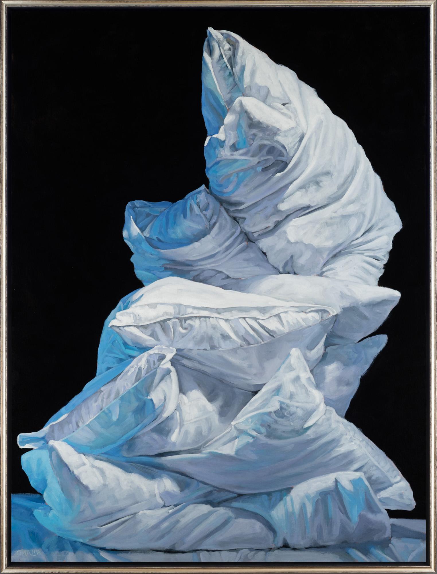 Still-Life Painting Carol O'Malia - "Up&Up" Nature morte contemporaine sur oreillers Peinture à l'huile sur toile encadrée