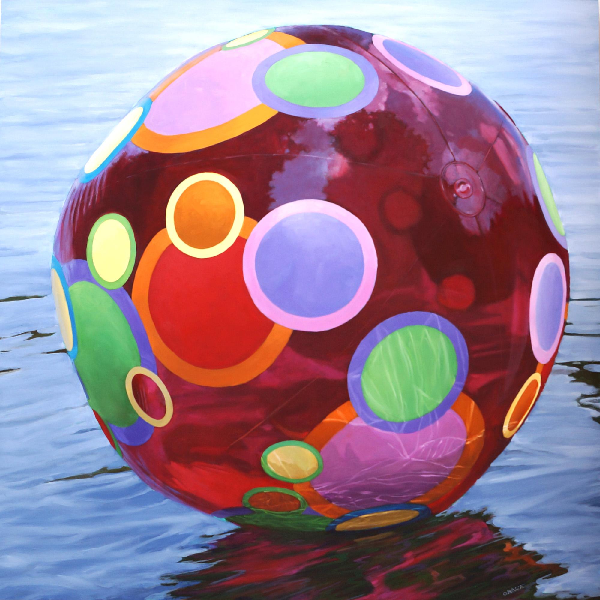 « Ruby Reflections », peinture réaliste d'une boule de plage sur eau - Painting de Carol O'Malia