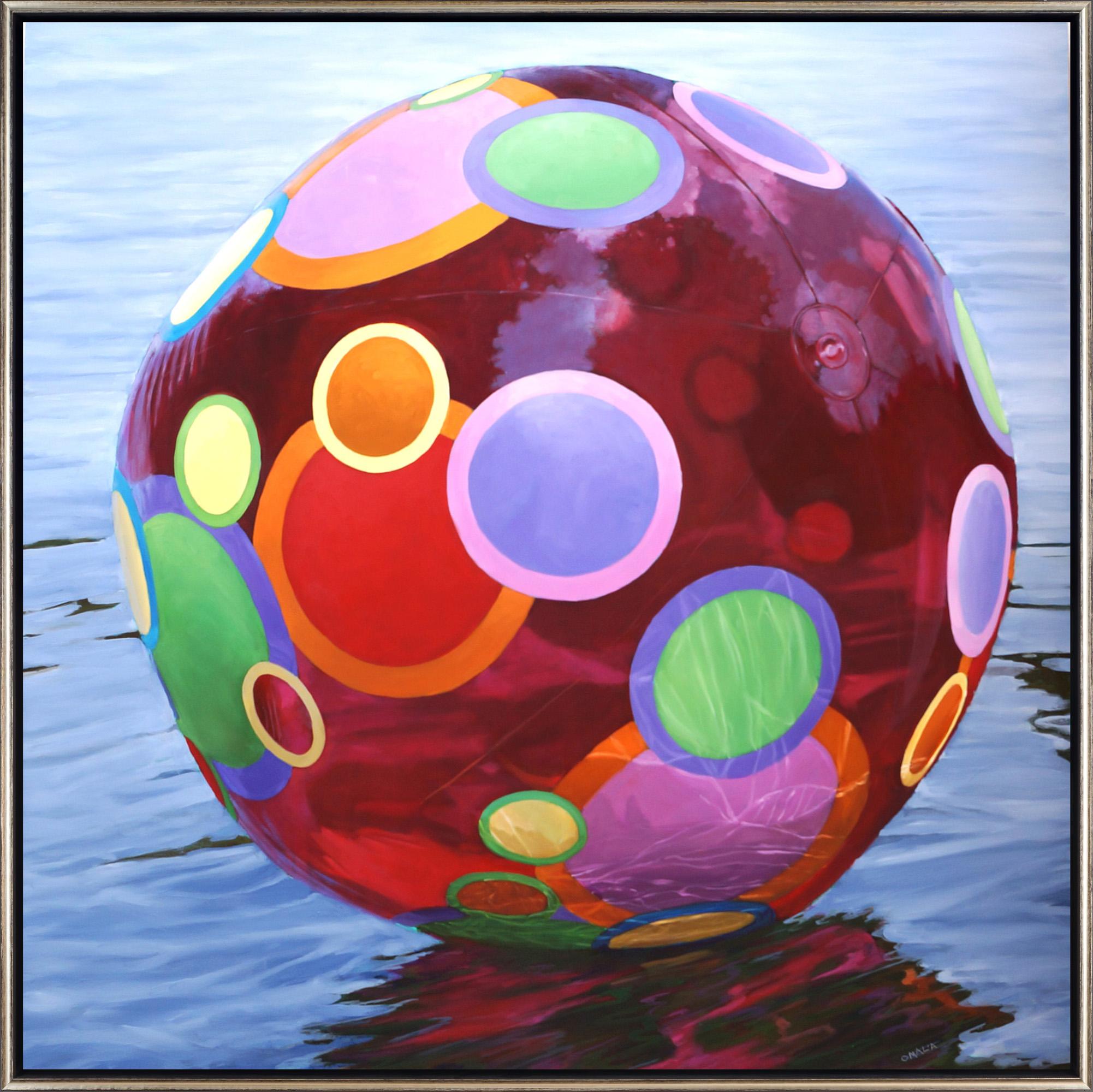 "Ruby Reflections" Realistic Painting of Beach Ball on Water