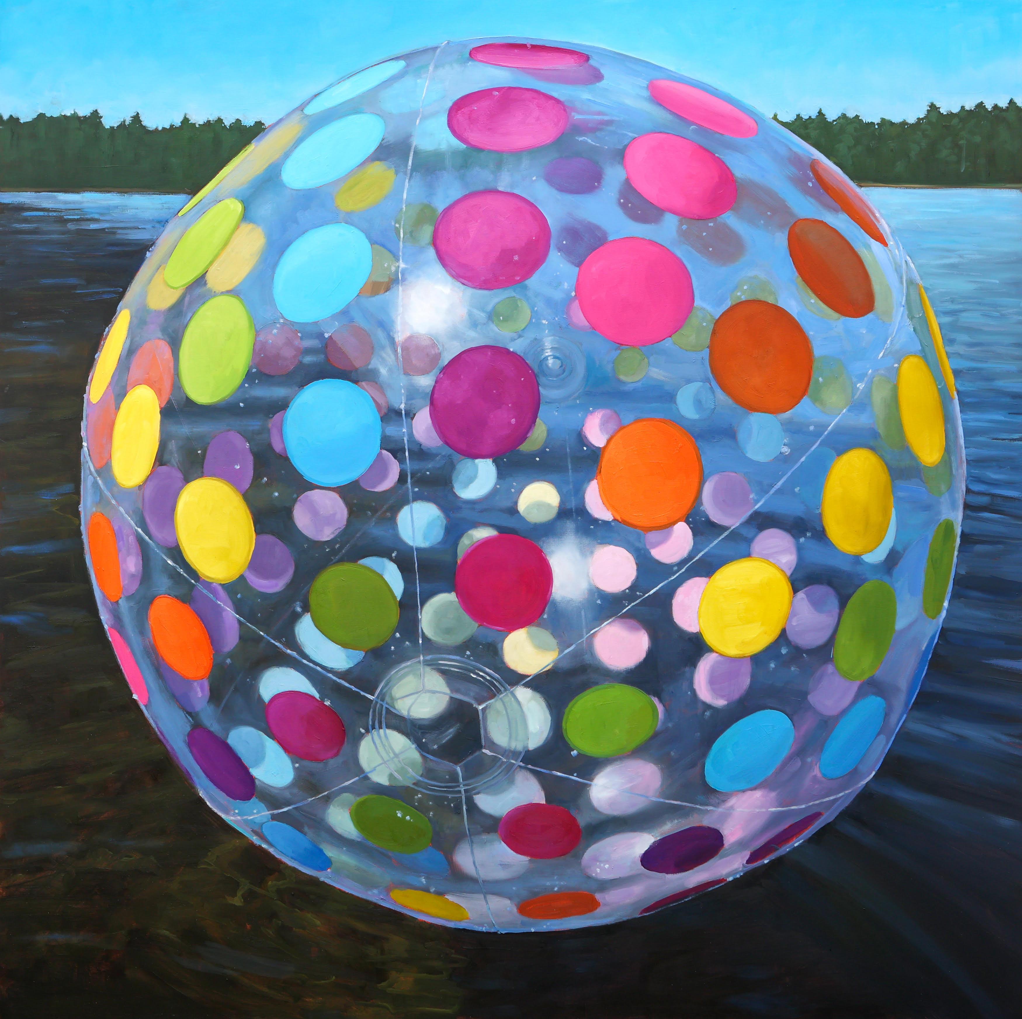 Carol O'Malia Still-Life Painting - "Spotted!" oil on panel with a vibrant polka dot beach ball