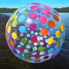 "Spotted!" oil painting of a beach ball, colorful polka dots floating on lake