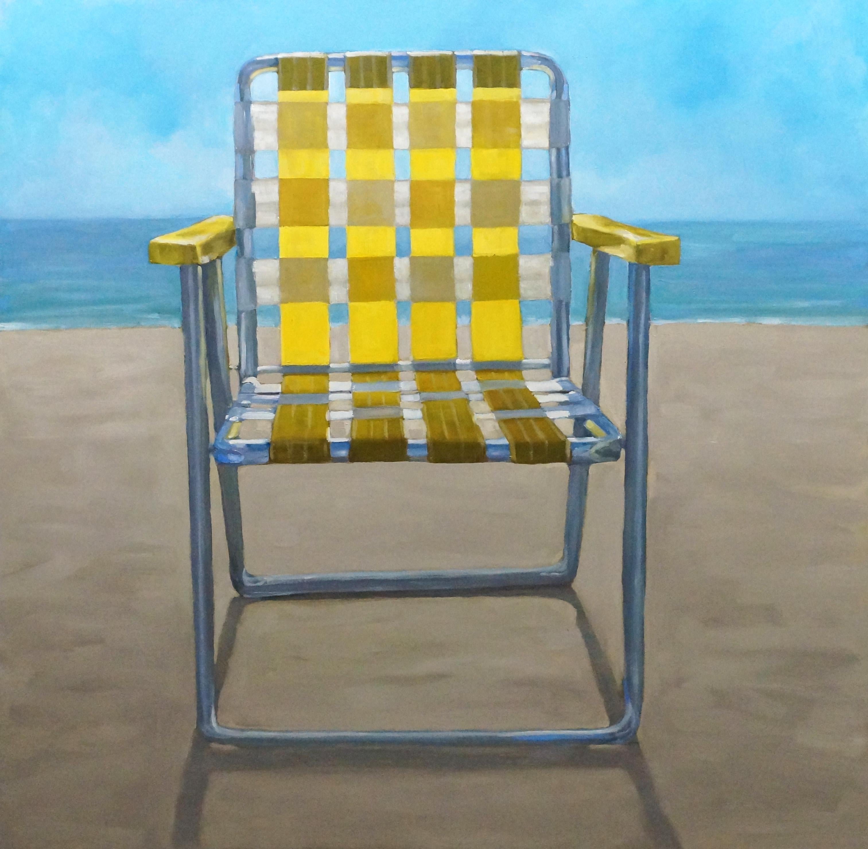 Carol O'Malia Still-Life Painting - "Yellow Respite" oil painting of a yellow and white beach chair in the sand