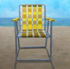 "Yellow Respite" oil painting of a yellow and white beach chair in the sand