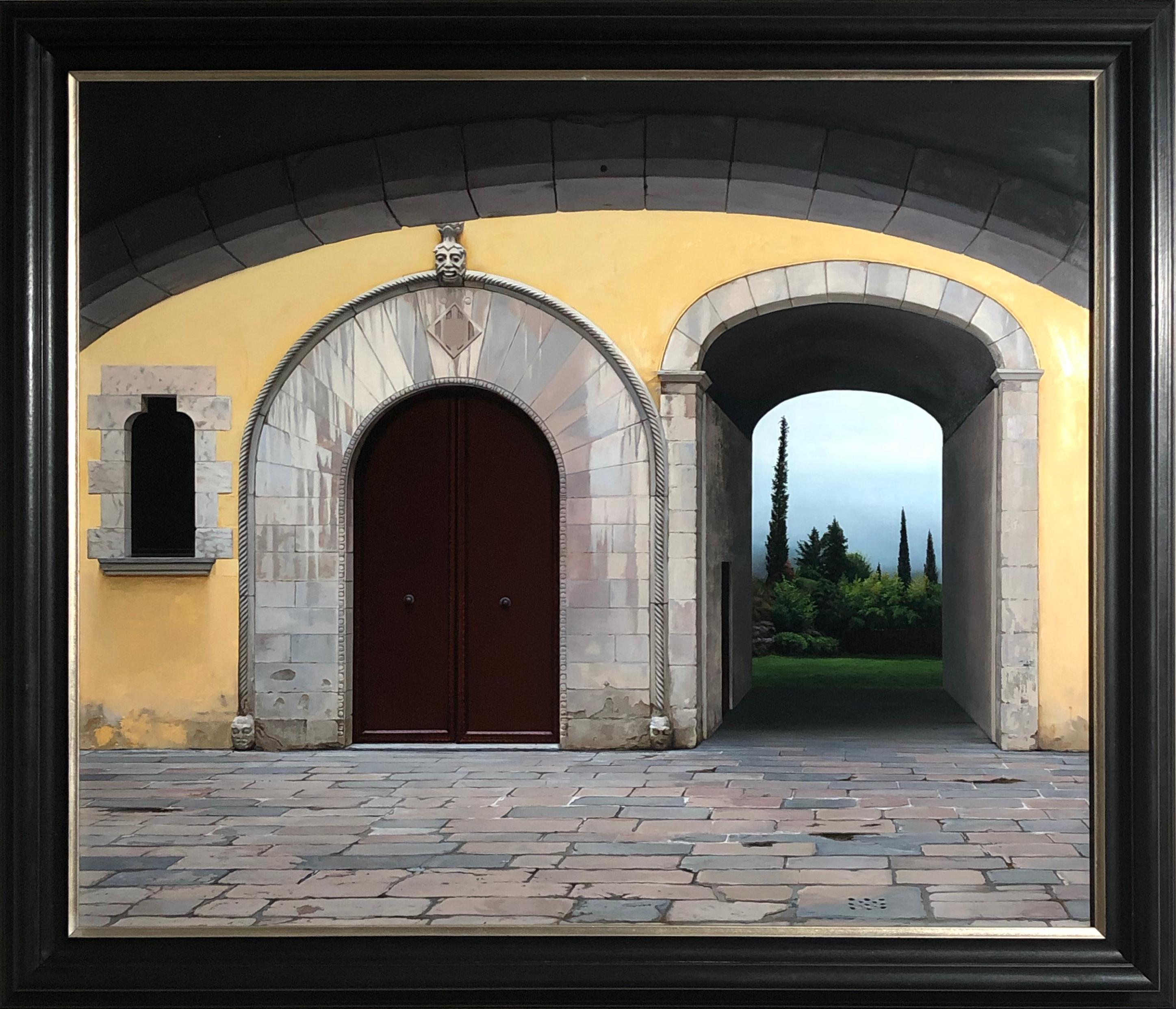Altered - Medieval Architecture and Arched Doorways Leading to Lush Landscape - Painting by Carol Pylant