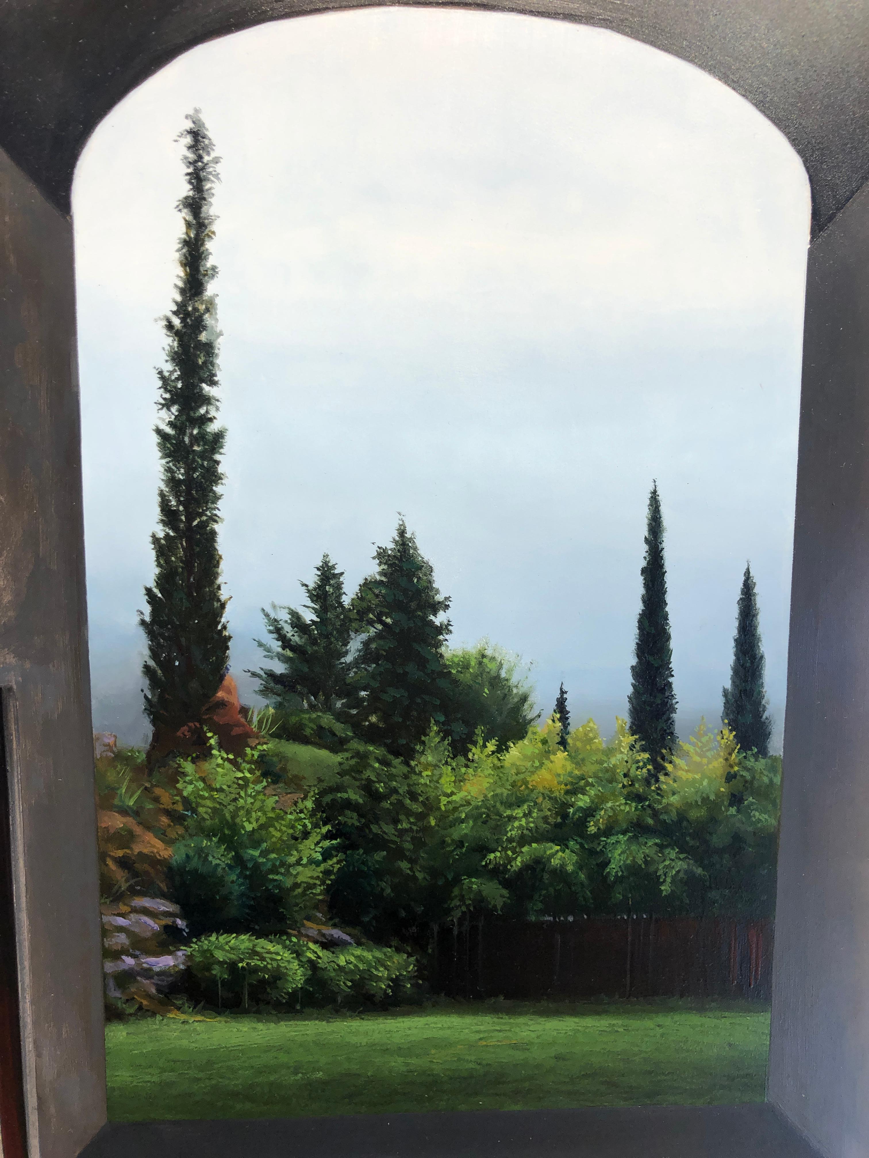 Altered - Medieval Architecture and Arched Doorways Leading to Lush Landscape - Beige Landscape Painting by Carol Pylant
