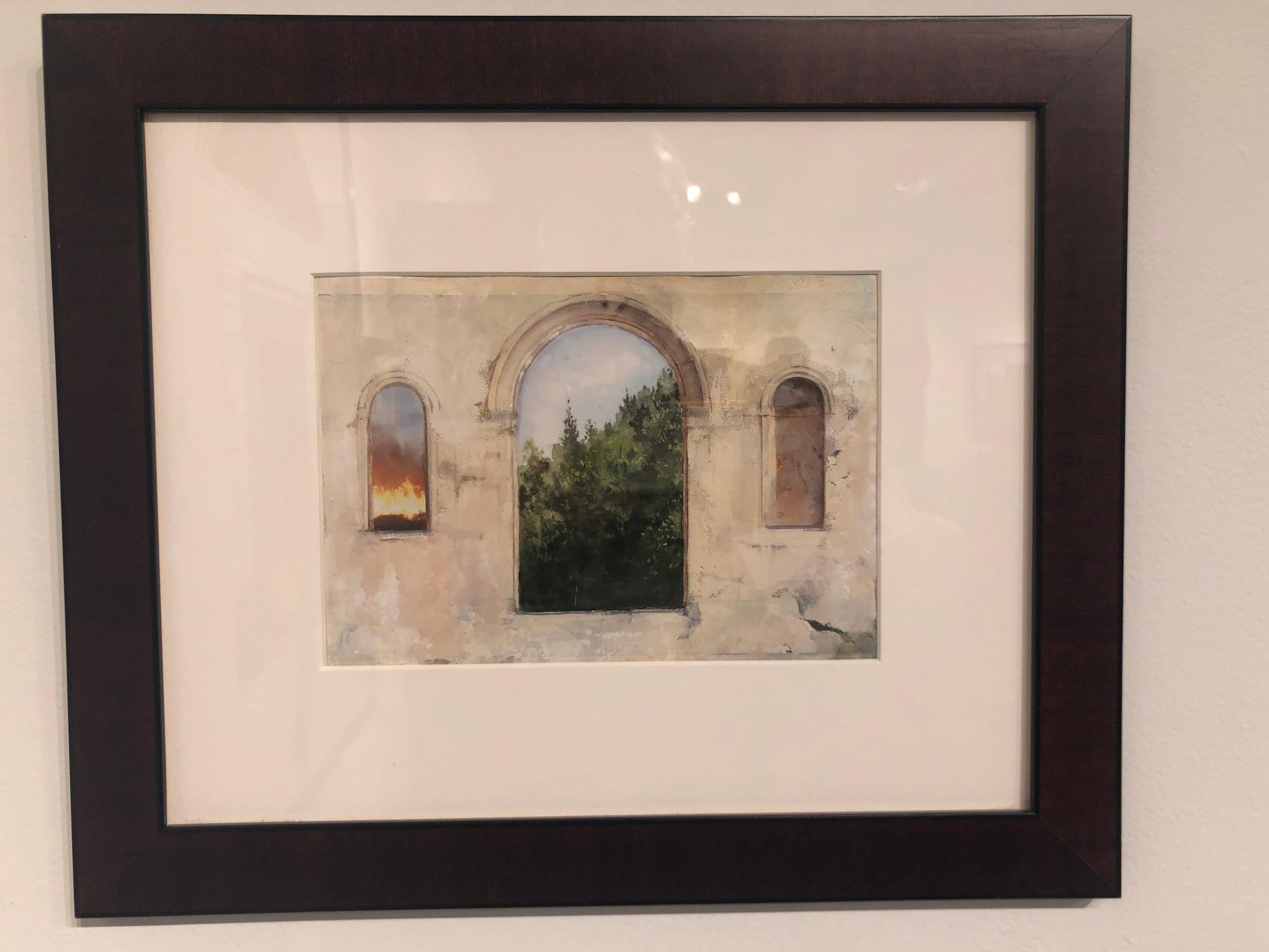 Arched Inferno - Architectural Study with Landscape, Collaged and Painted - Painting by Carol Pylant