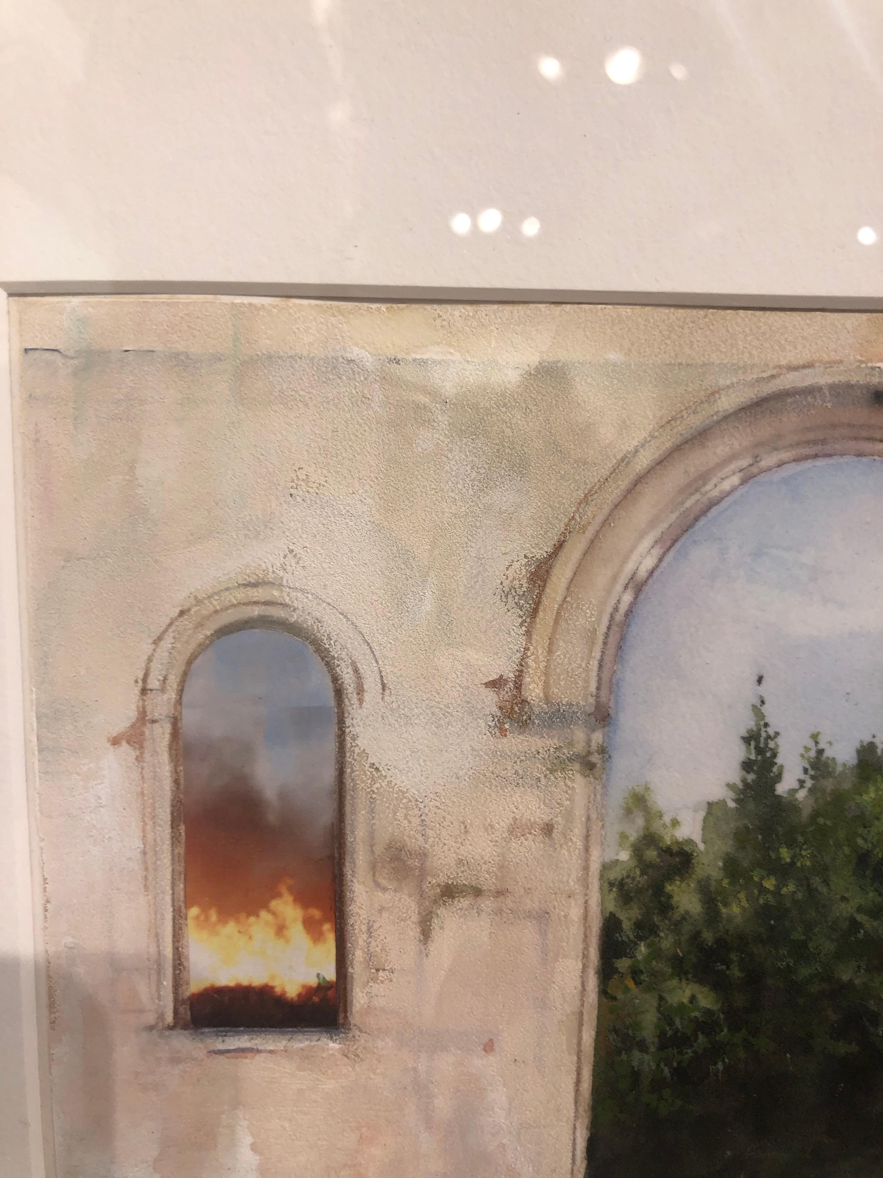 Arched Inferno - Architectural Study with Landscape, Collaged and Painted - Gray Landscape Painting by Carol Pylant