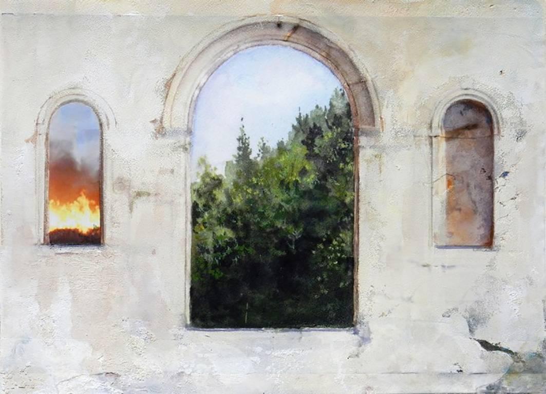 Carol Pylant Landscape Painting - Arched Inferno - Architectural Study with Landscape, Collaged and Painted