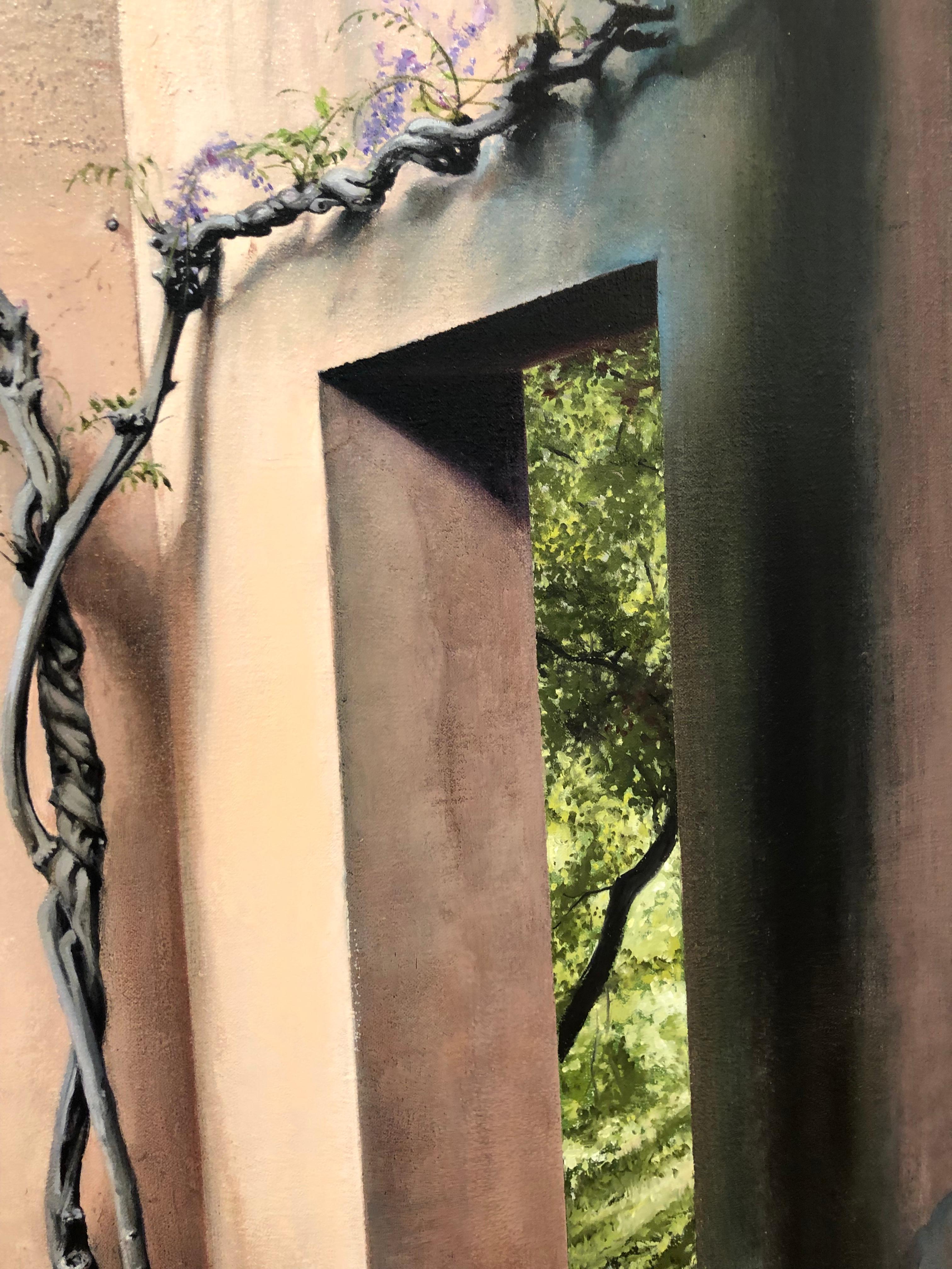 Artigas Spring - Landscape with Flowering Wisteria and Architectural Elements - Contemporary Painting by Carol Pylant