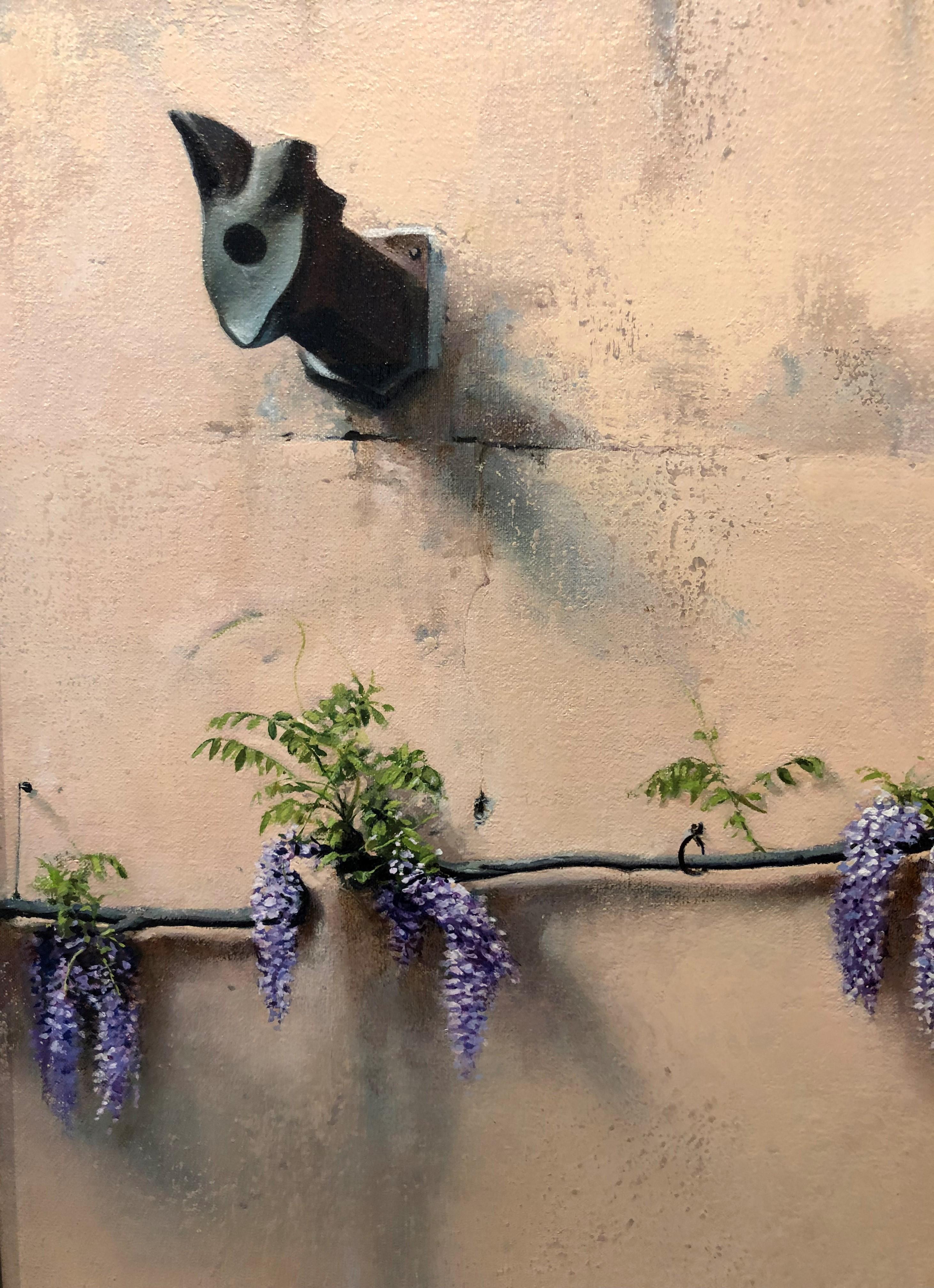Artigas Spring - Landscape with Flowering Wisteria and Architectural Elements - Beige Landscape Painting by Carol Pylant