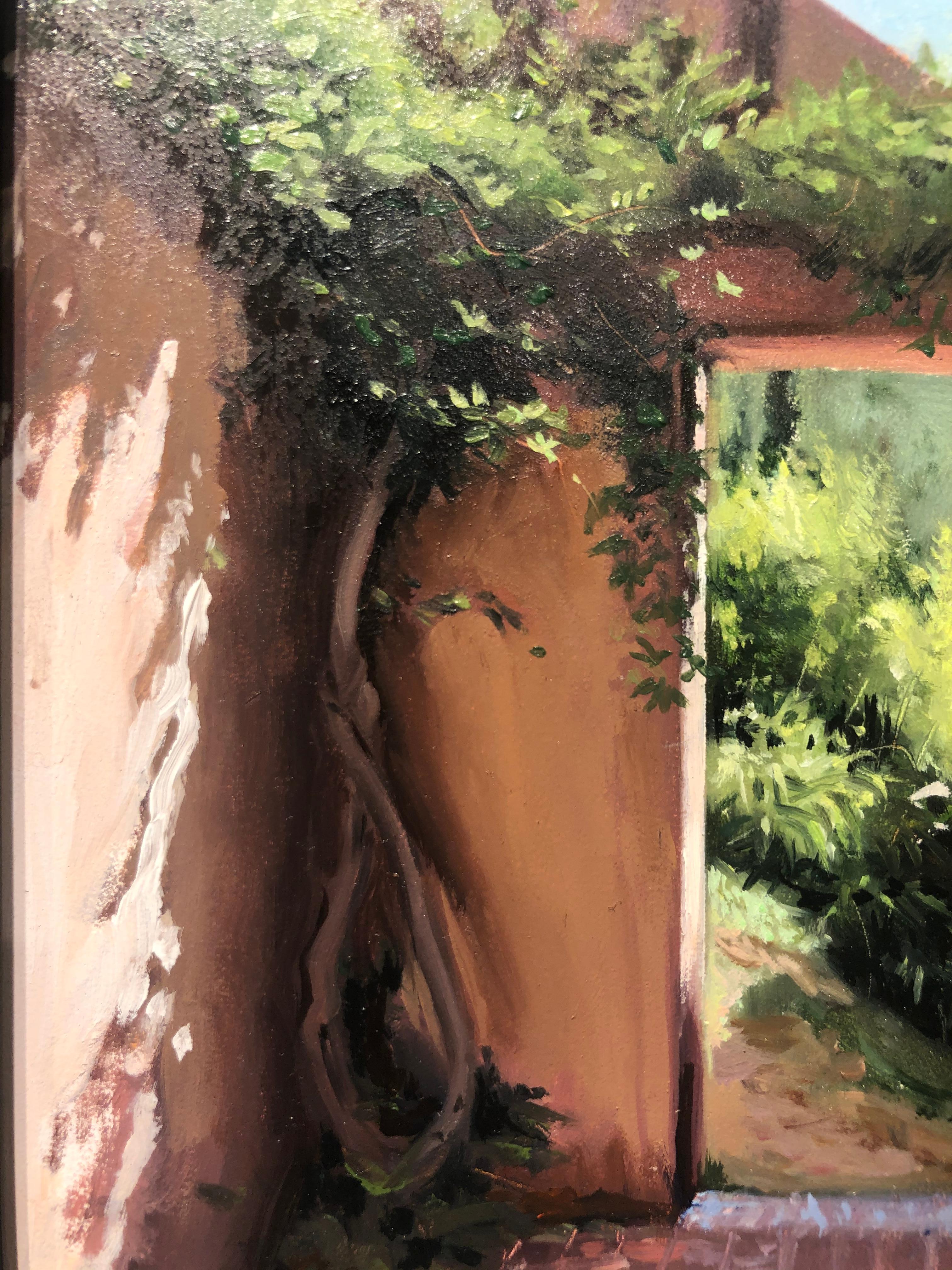 Artigas Wisteria, Architectural Landscape Painting with Lush Greenery - Brown Still-Life Painting by Carol Pylant