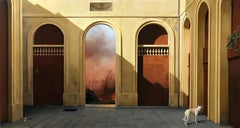 Ballerina of Time, Classic Italian Piazza with Lone Dog, Landscape Oil Painting