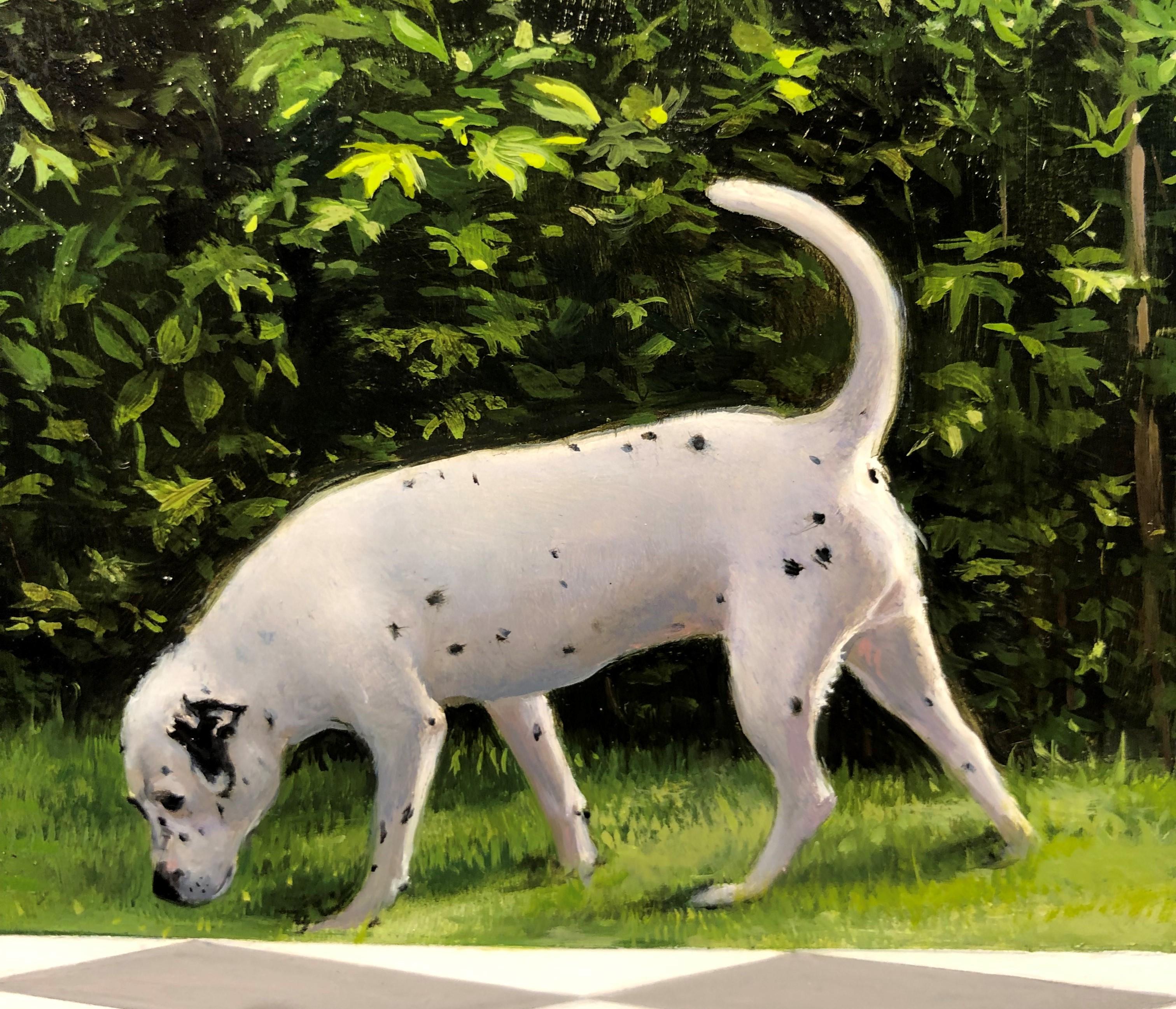 Before the End - Architectural Arches with Wooded Landscape & Dogs, Oil Painting - Gray Landscape Painting by Carol Pylant