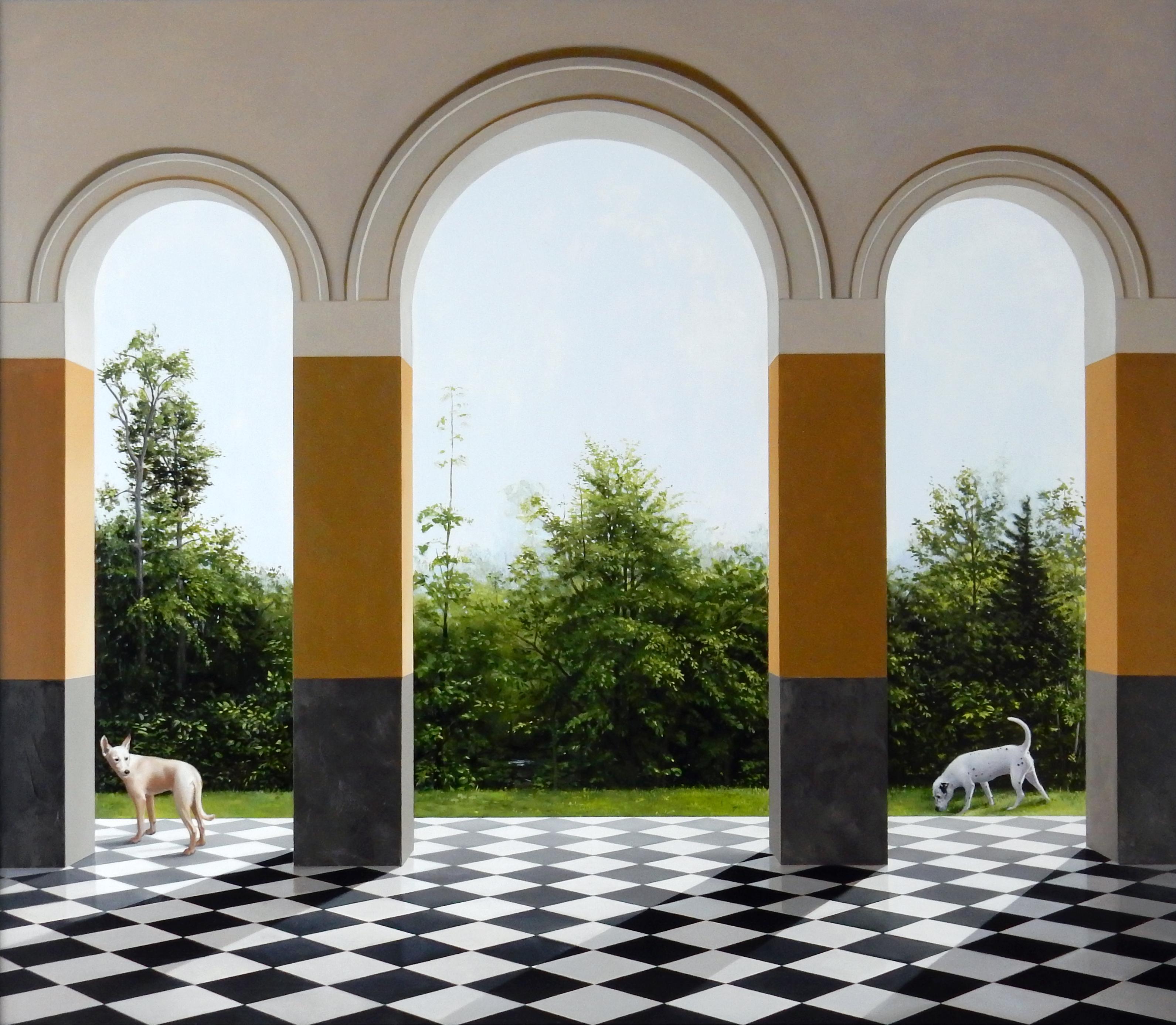 Carol Pylant Landscape Painting – Before the End - Architectural Arches with Wooded Landscape & Dogs, Oil Painting
