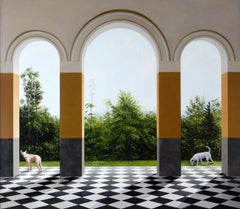 Before the End - Architectural Arches with Wooded Landscape & Dogs, Oil Painting