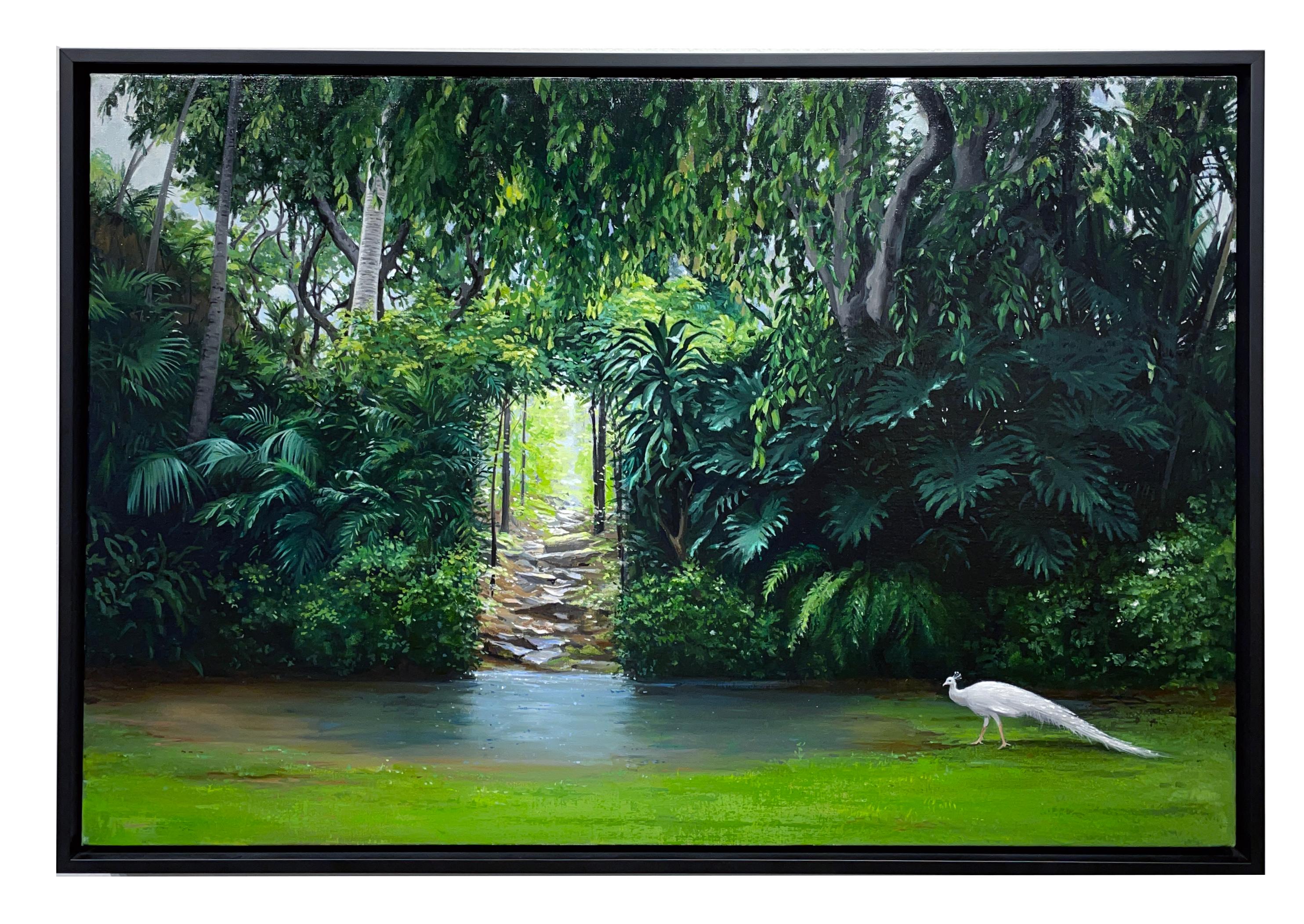 Echo, Lush Tropical Scene with Pond and Peacock, Original Oil on Linen, Framed - Painting by Carol Pylant