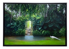 Echo, Lush Tropical Scene with Pond and Peacock, Original Oil on Linen, Framed