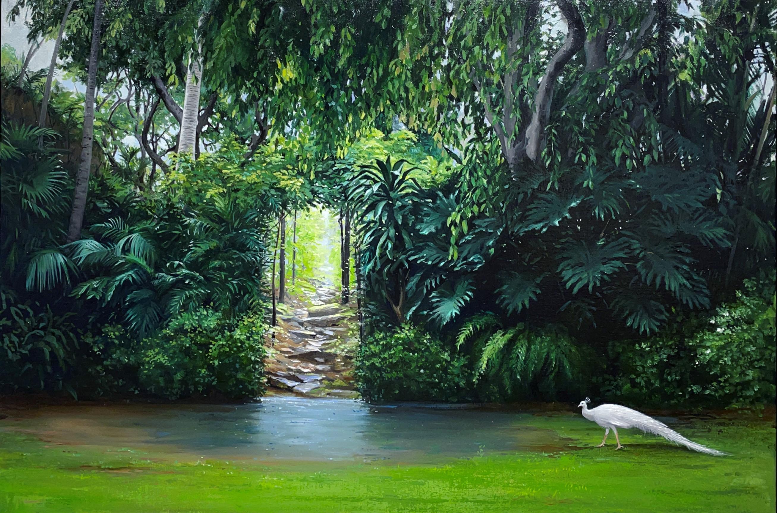 Carol Pylant Still-Life Painting - Echo, Lush Tropical Scene with Pond and Peacock, Original Oil on Linen, Framed
