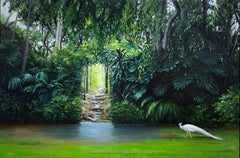 Echo, Lush Tropical Scene with Pond and Peacock, Original Oil on Linen, Framed