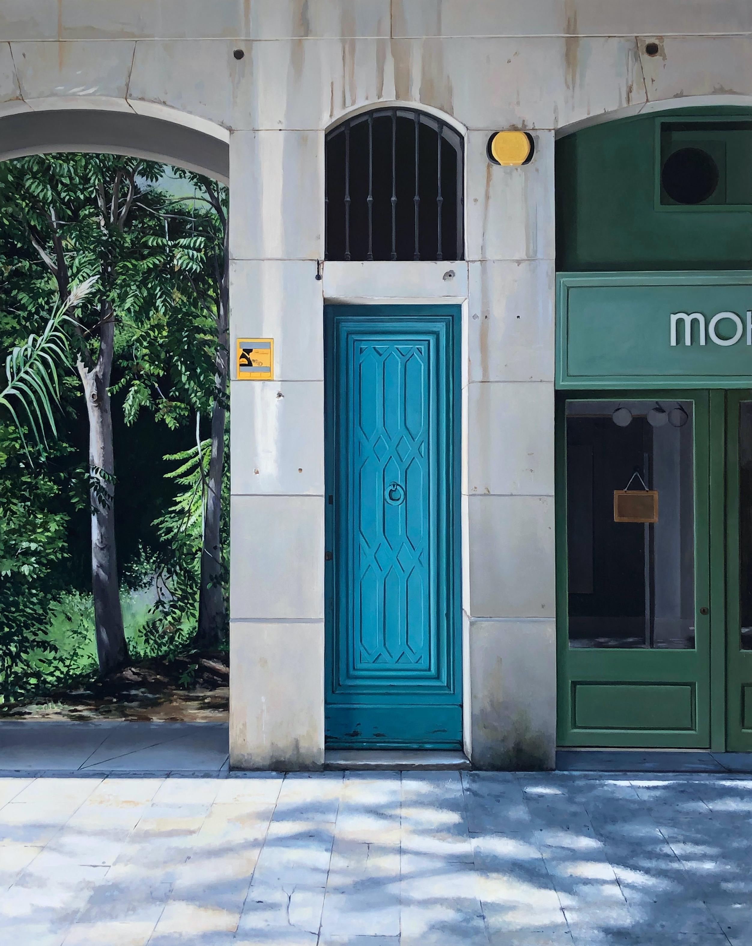 Carol Pylant Landscape Painting - Escapar (To Escape) - Architectural Imagery, Doorways and Lush Tropical Scene