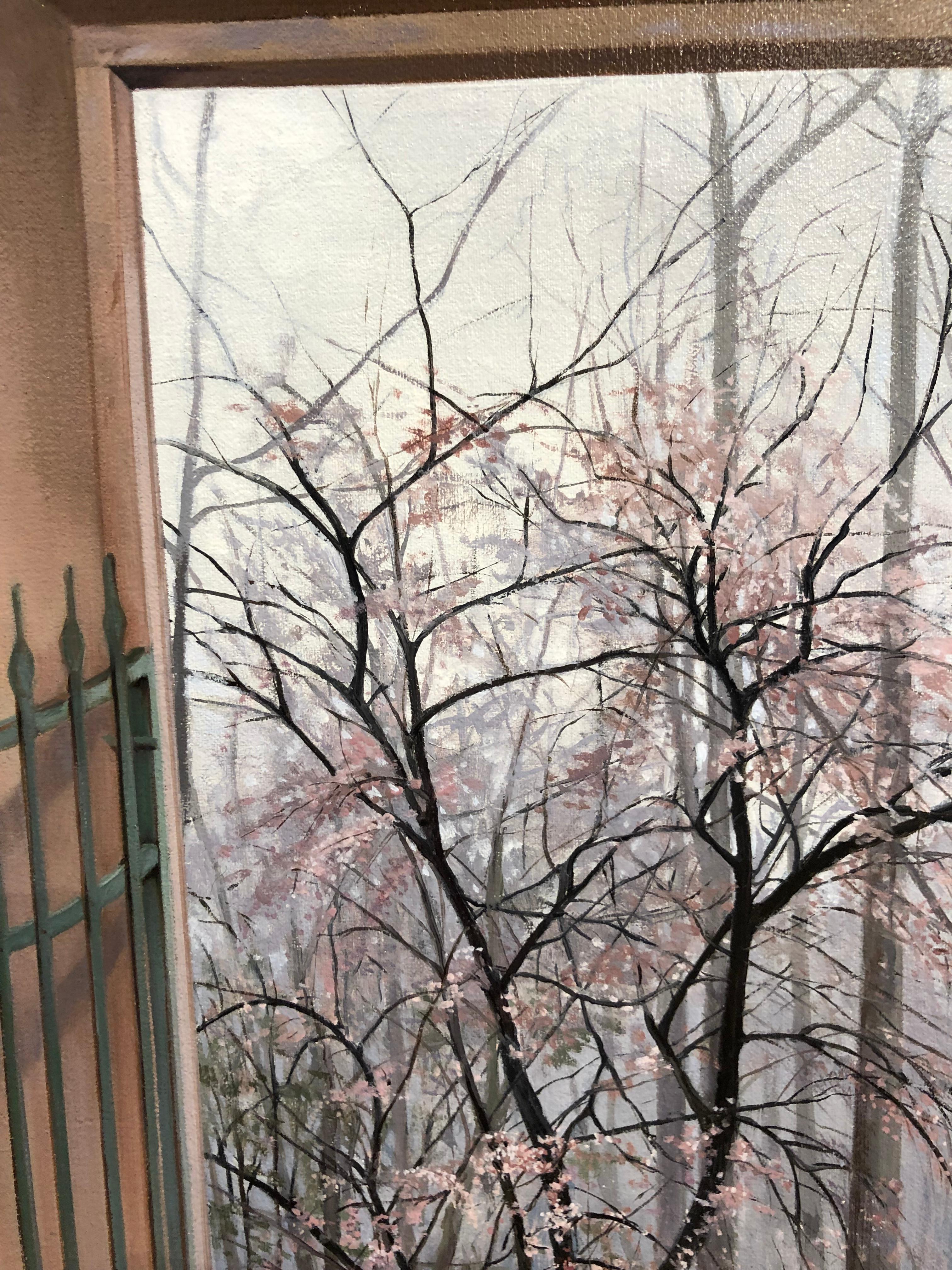 Eternal Spring - Open Air Courtyard with Early Spring Landscape Oil Painting - Gray Landscape Painting by Carol Pylant