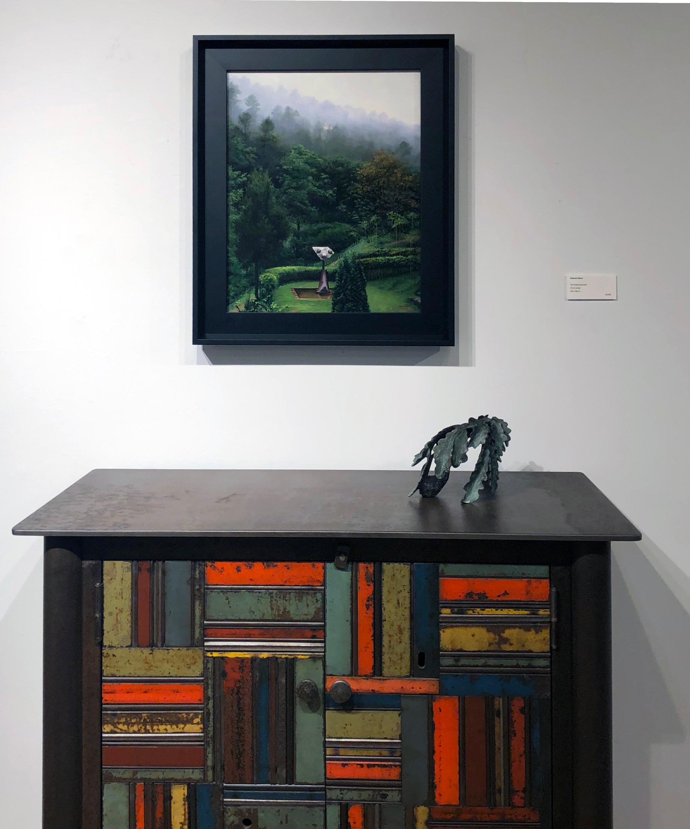 Gallifa Muse - Lush Green Spanish Landscape with Miró Sculpture, Oil on Panel - Painting by Carol Pylant
