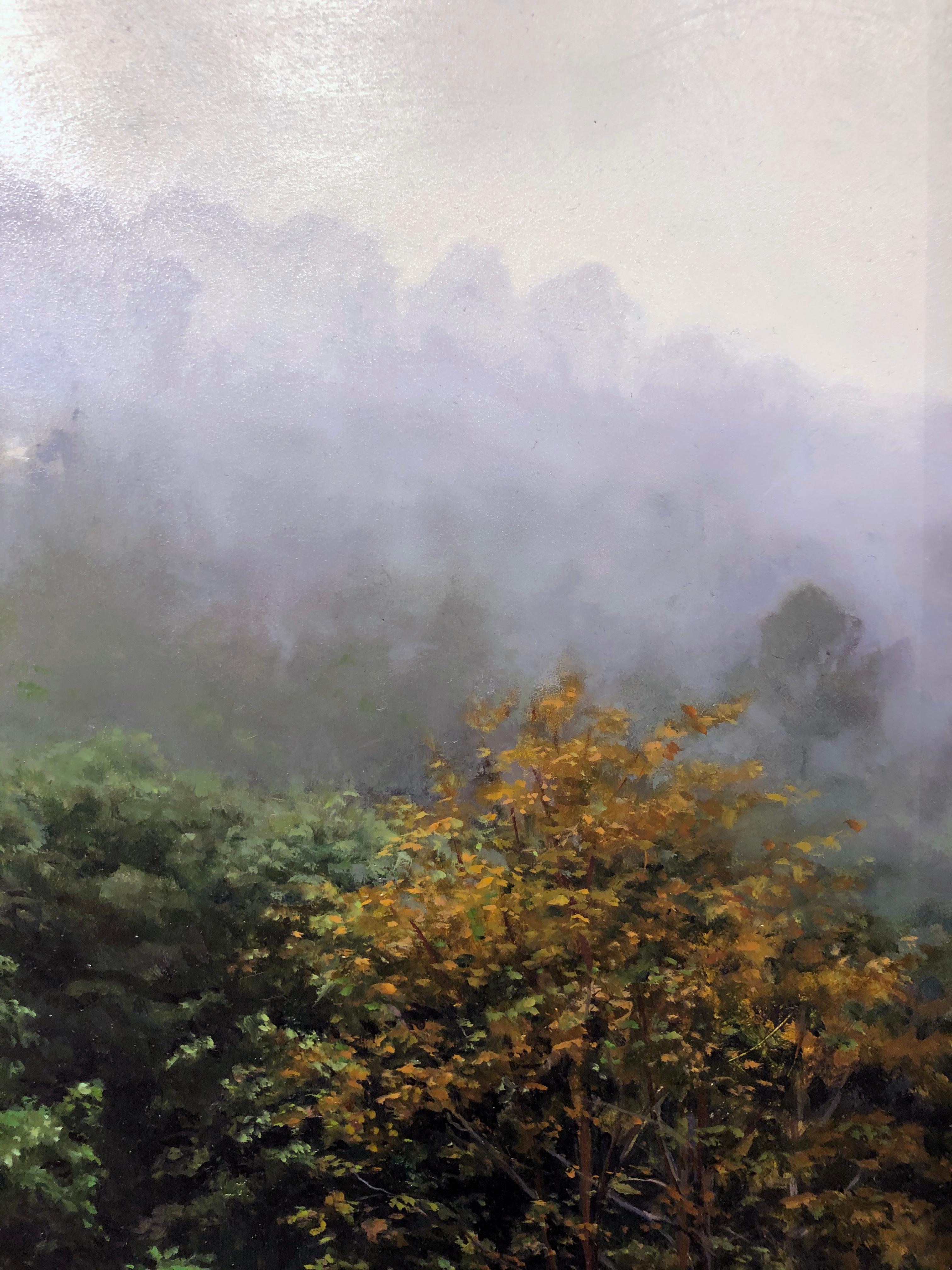 Die üppige grüne Landschaft von Carol Pylants Gemälde mit dem Titel 
