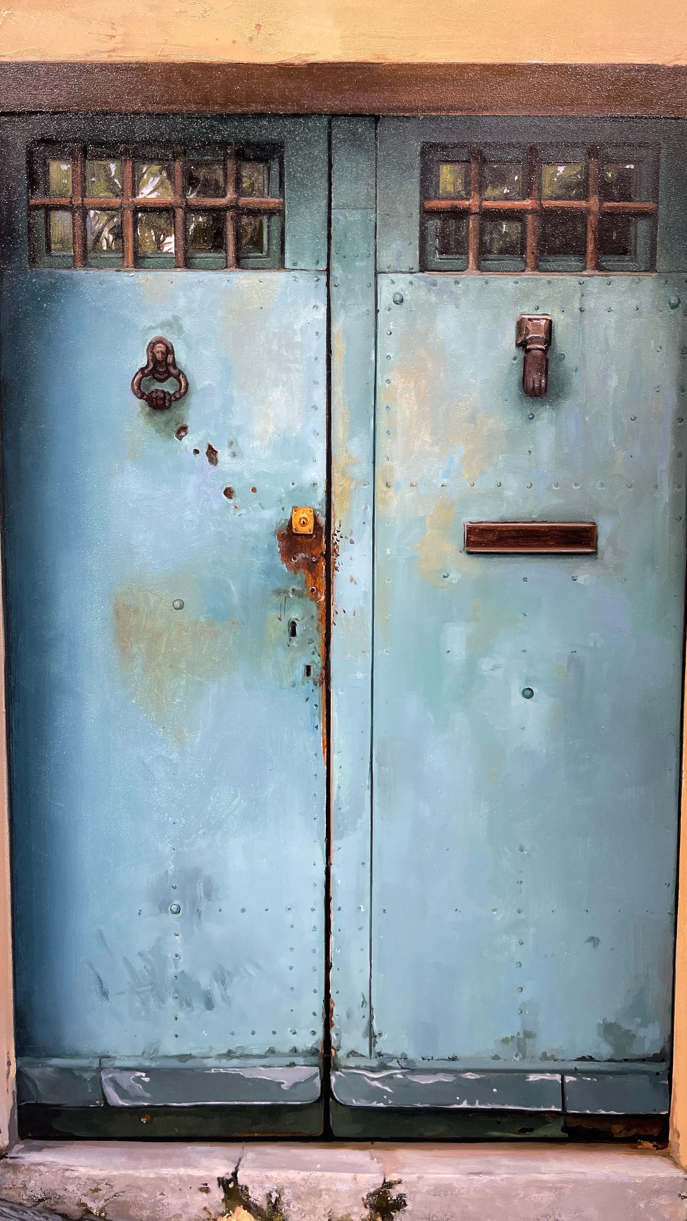 Girona Pause - Pintura al óleo de arquitectura realista en venta 1
