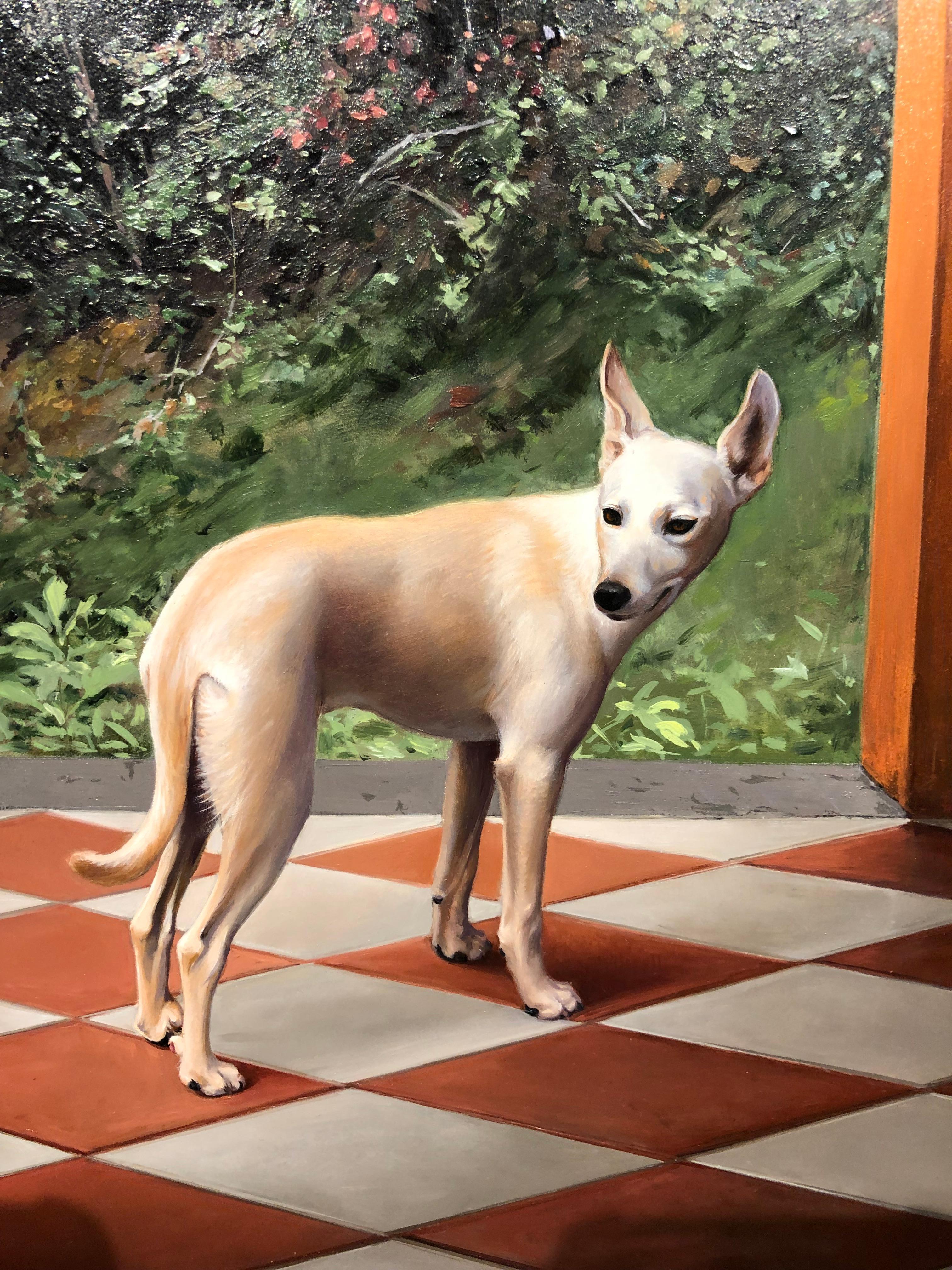 Ibizan Fall - Terra Cotta Colored Architectural Walls w/ Wooded Landscape & Dog - Painting by Carol Pylant