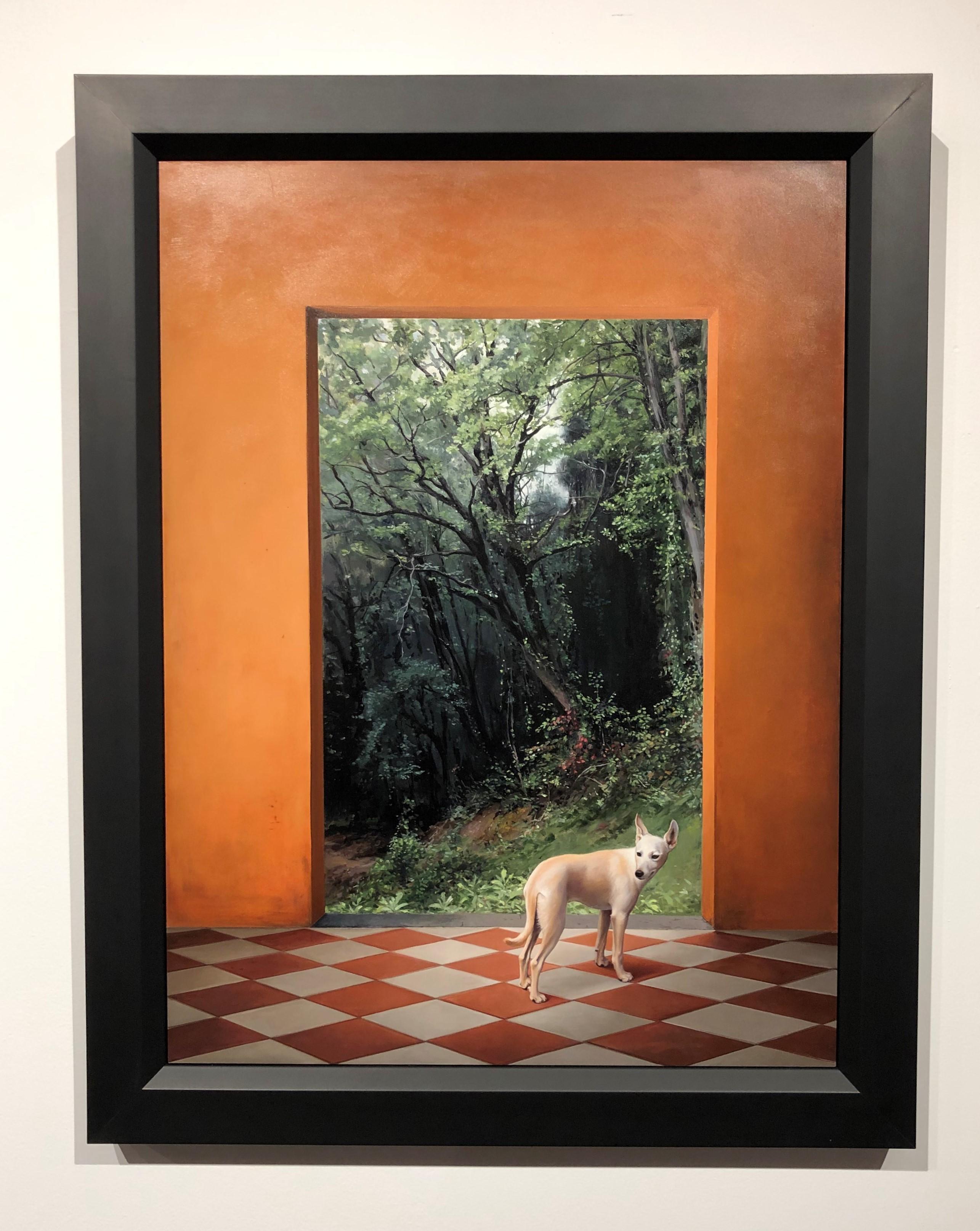 The terra cotta courtyard walls are beautifully paired with the orange and white tile floor in Carol Pylant's painting entitled 