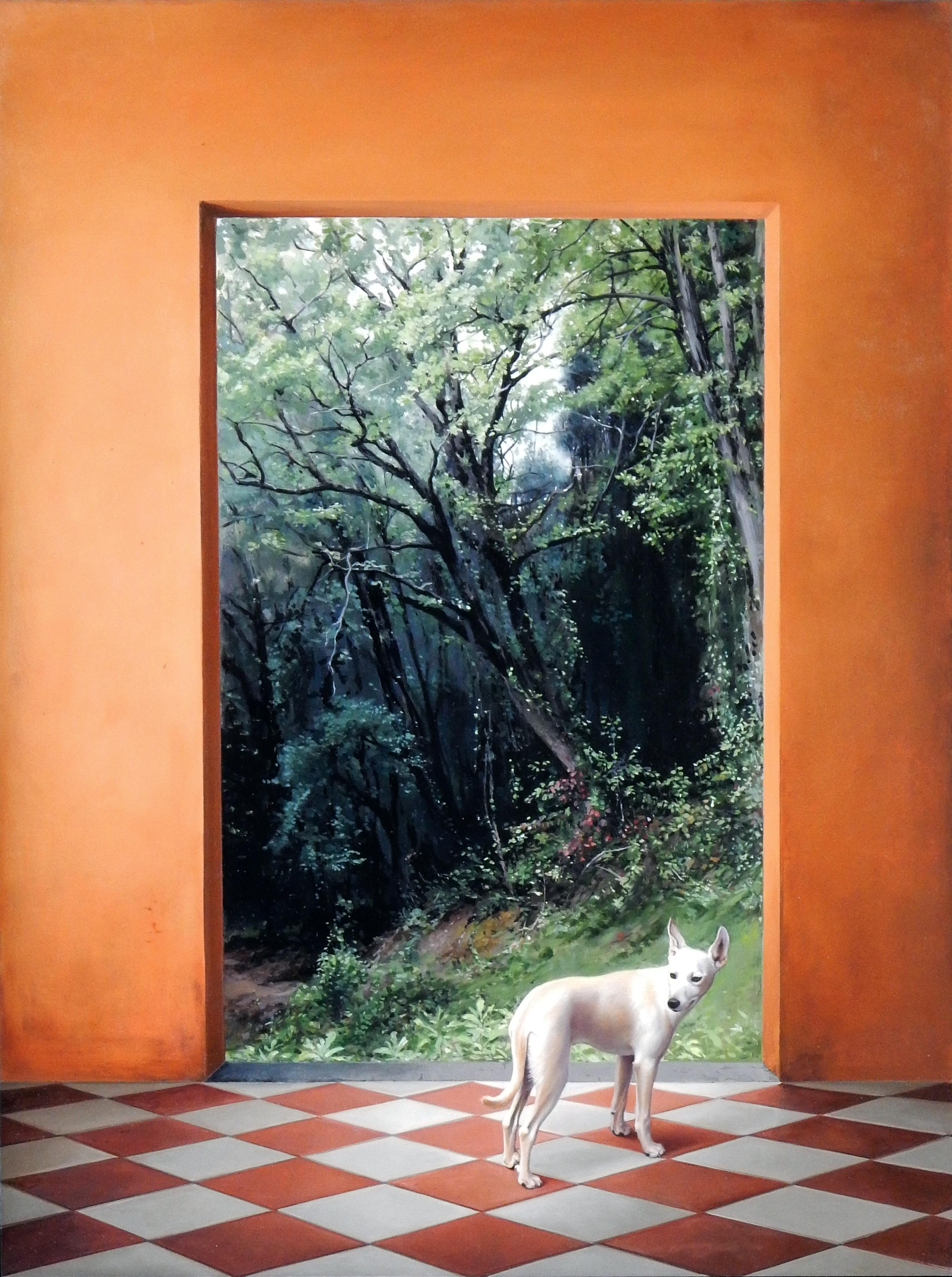 Carol Pylant Animal Painting – Ibizan Fall - Terra Cotta Colored Architectural Walls w/ Wooded Landscape & Dog