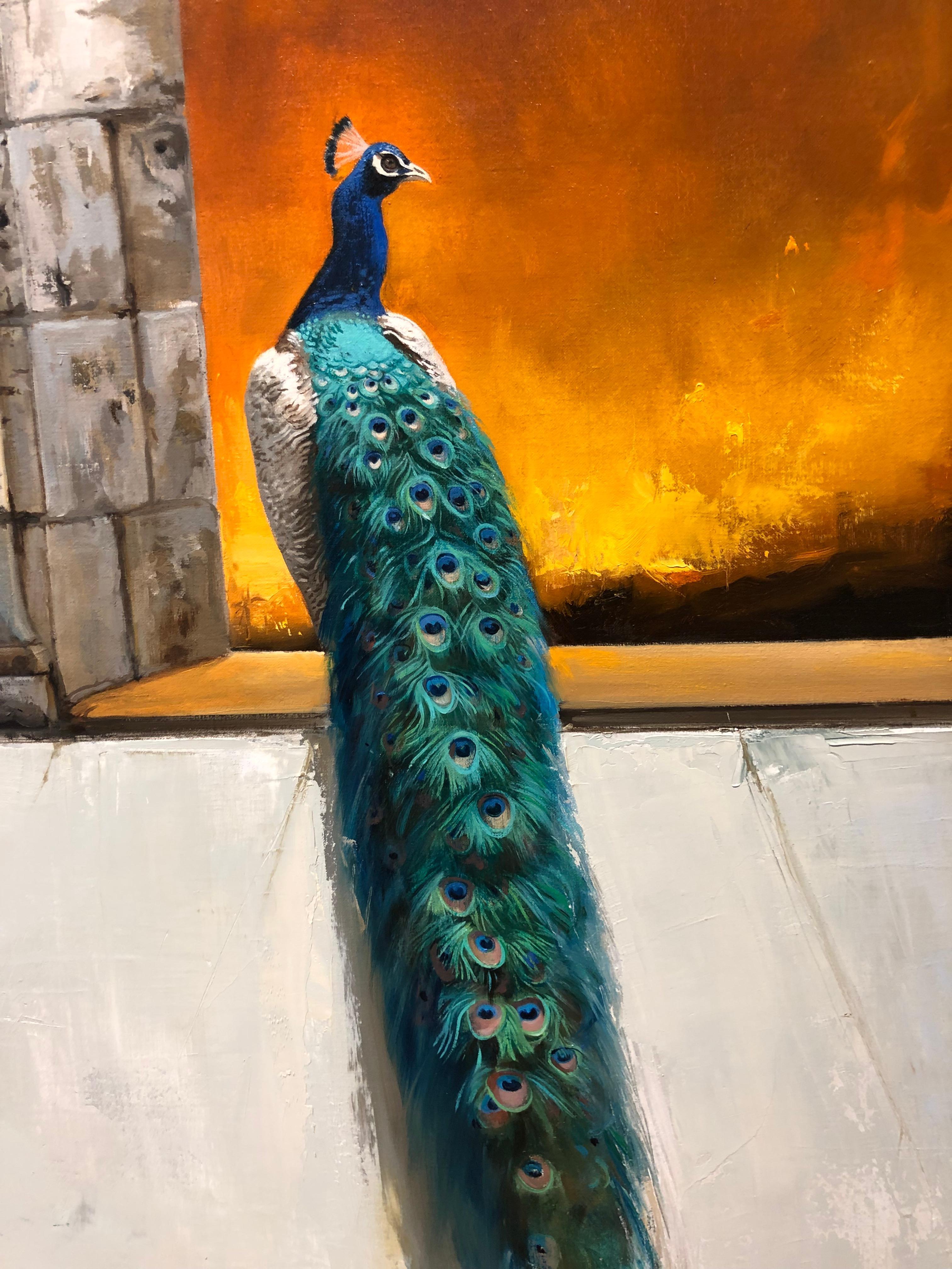 Inferno - Classic Architectural Stone Window with Peacock & Fire Scene - Painting by Carol Pylant