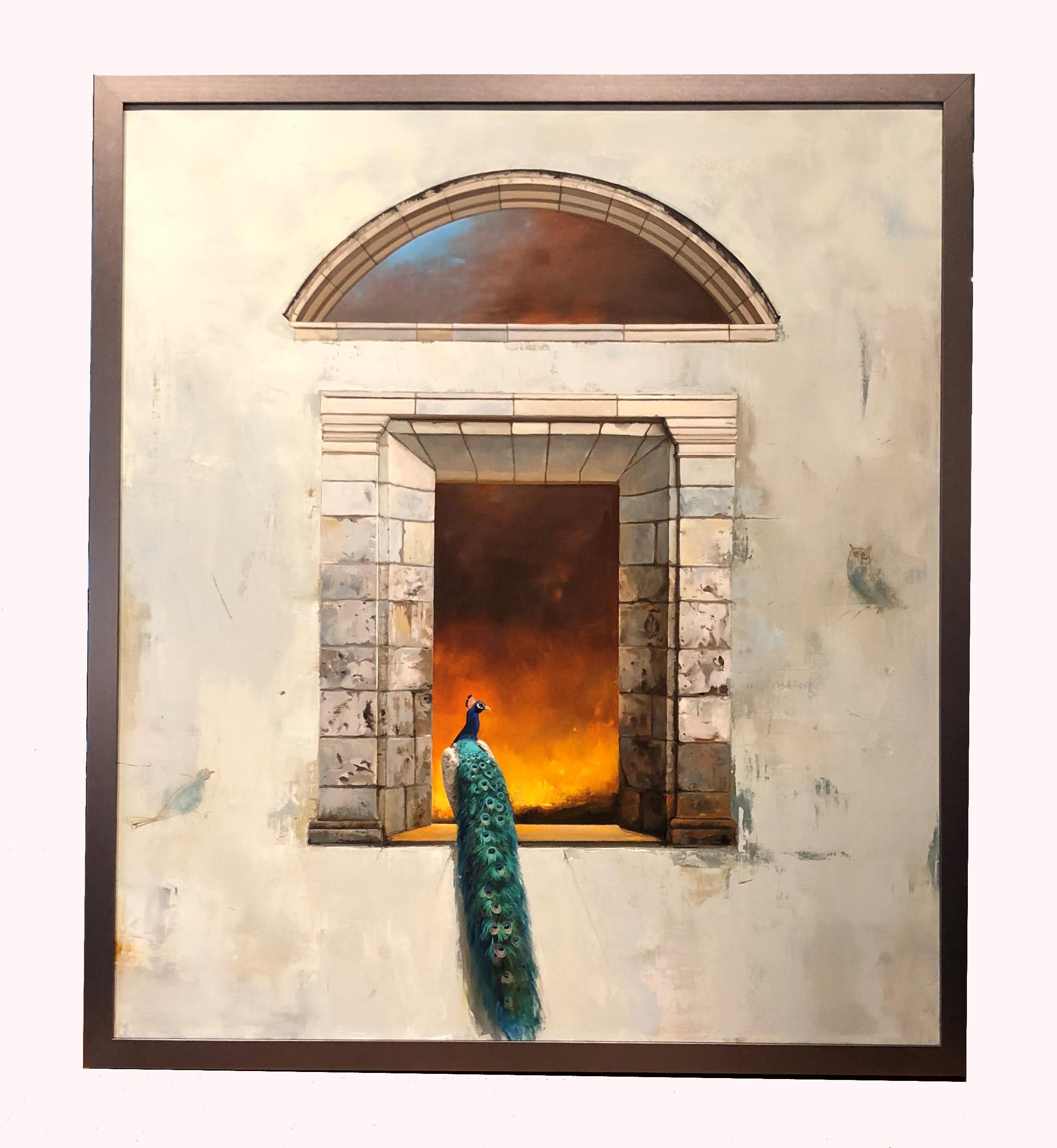 Inferno - Classic Architectural Stone Window with Peacock & Fire Scene - Contemporary Painting by Carol Pylant