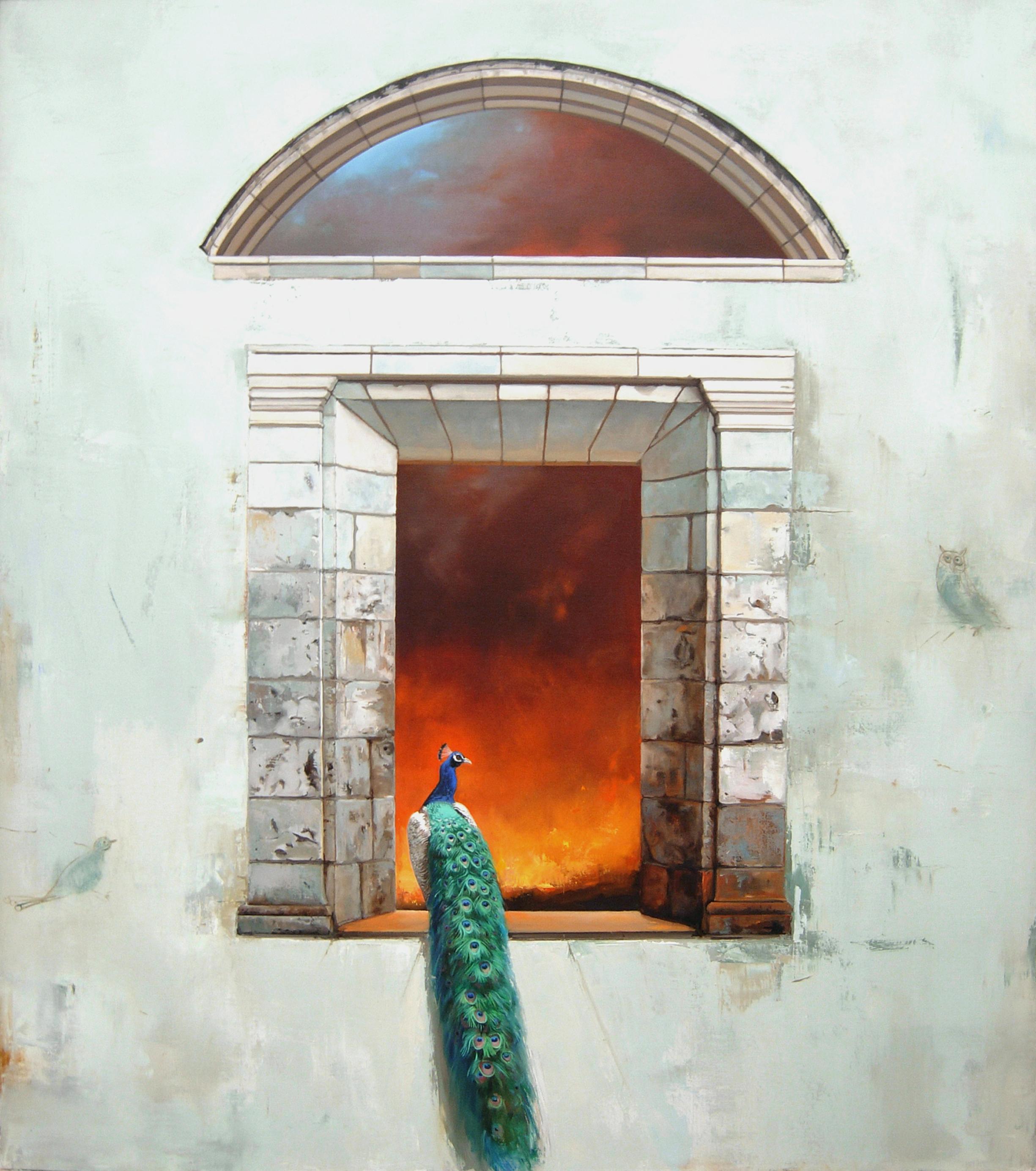 Carol Pylant Animal Painting - Inferno - Classic Architectural Stone Window with Peacock & Fire Scene