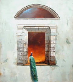 Inferno - Classic Architectural Stone Window with Peacock & Fire Scene