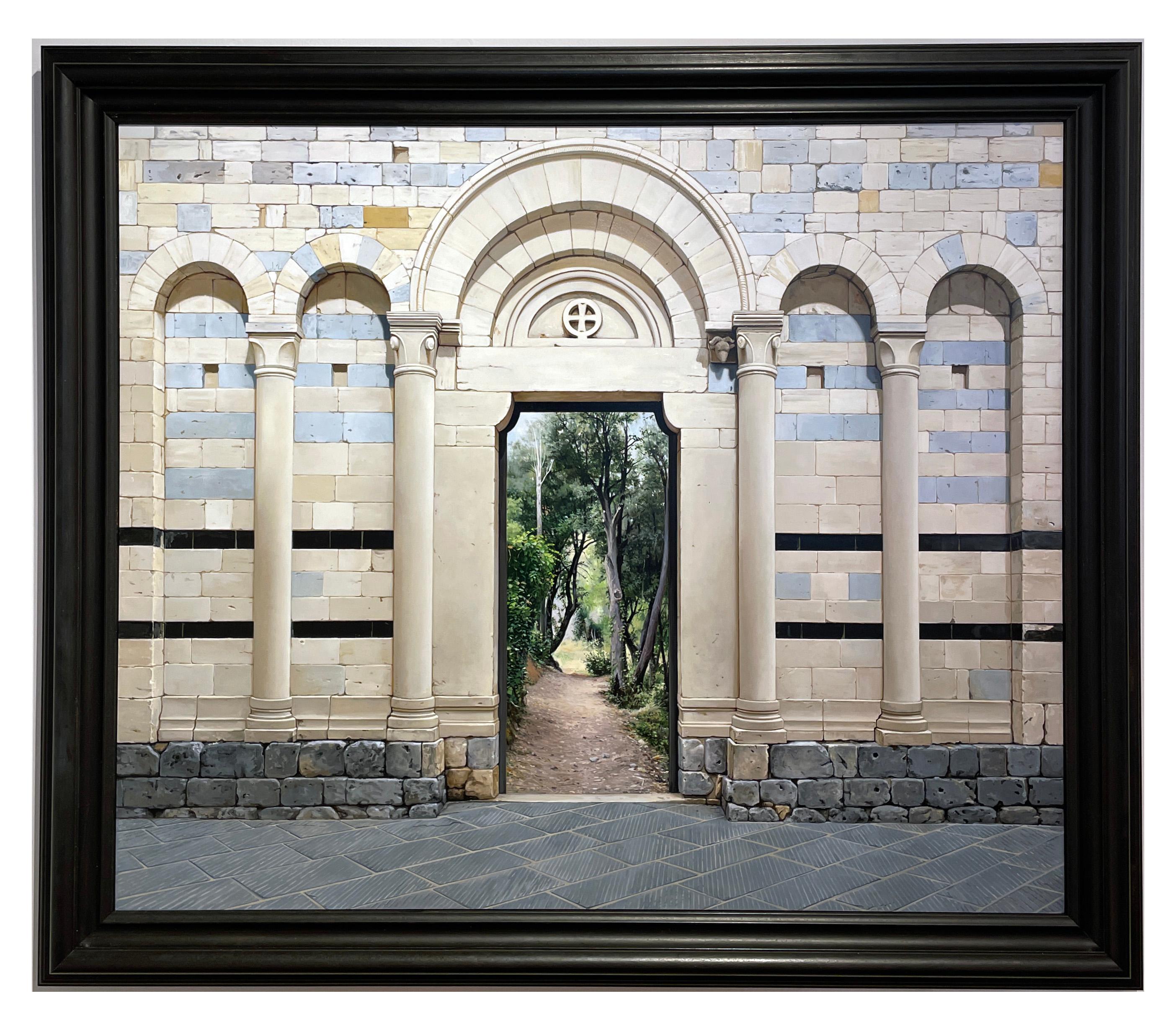 La Prima Pietra-Ancient Architectural Arched Doorways Leading to Lush Landscape - Painting by Carol Pylant